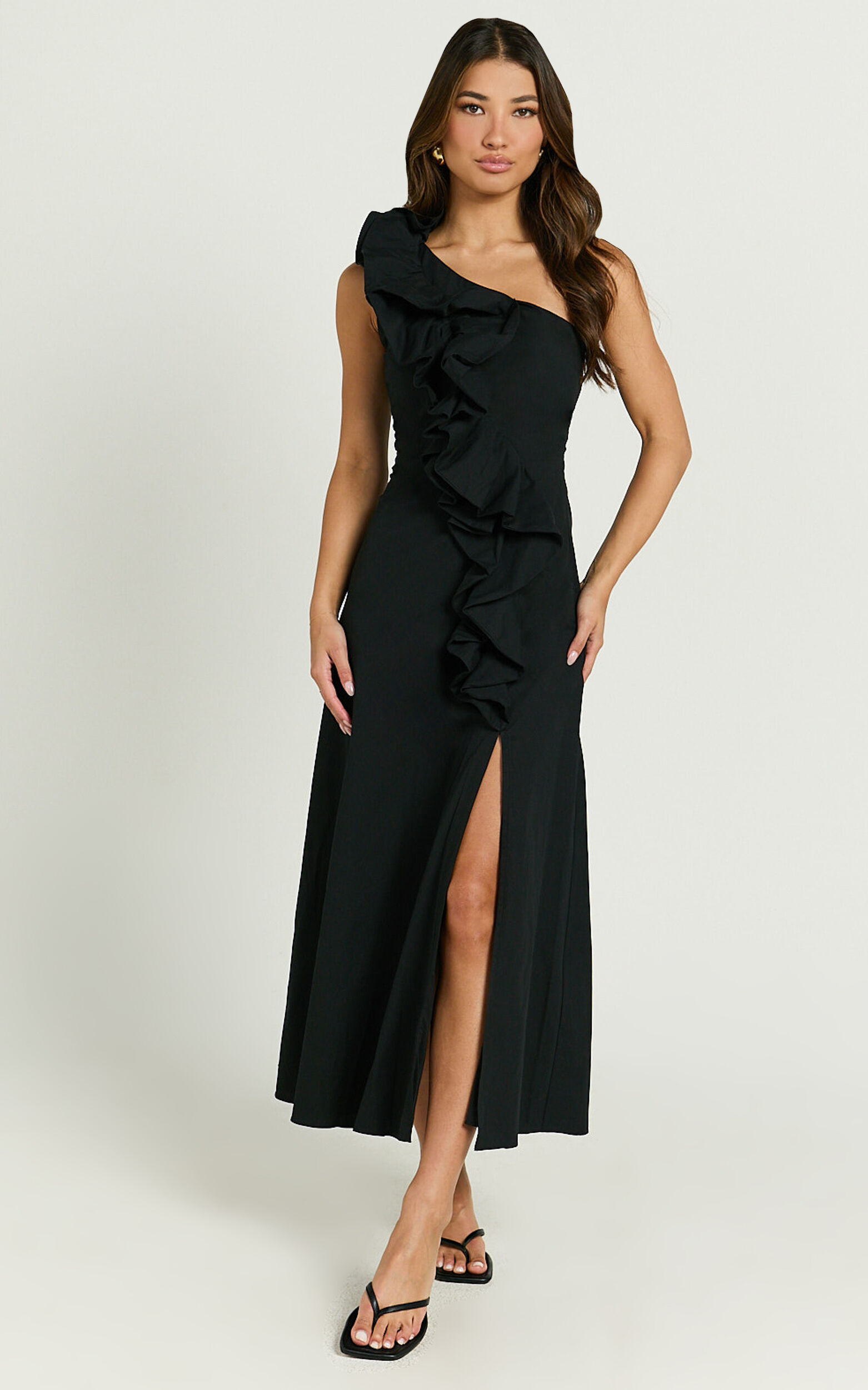 Rita Midi Dress - One Shoulder Ruffle Detail Dress in Black