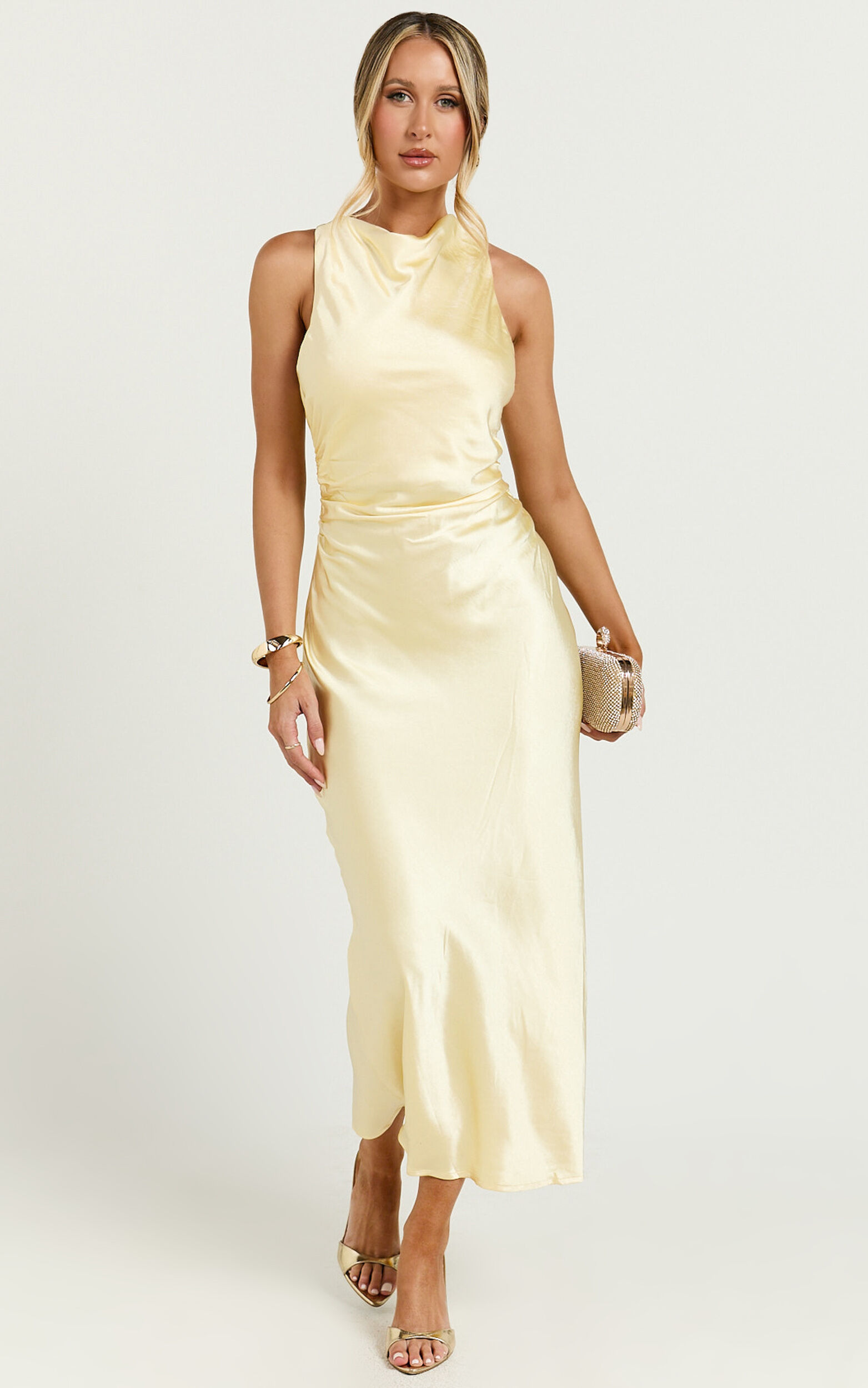 Aluna Midi Dress - High Neck Cross Back Satin Slip Dress in Lemon