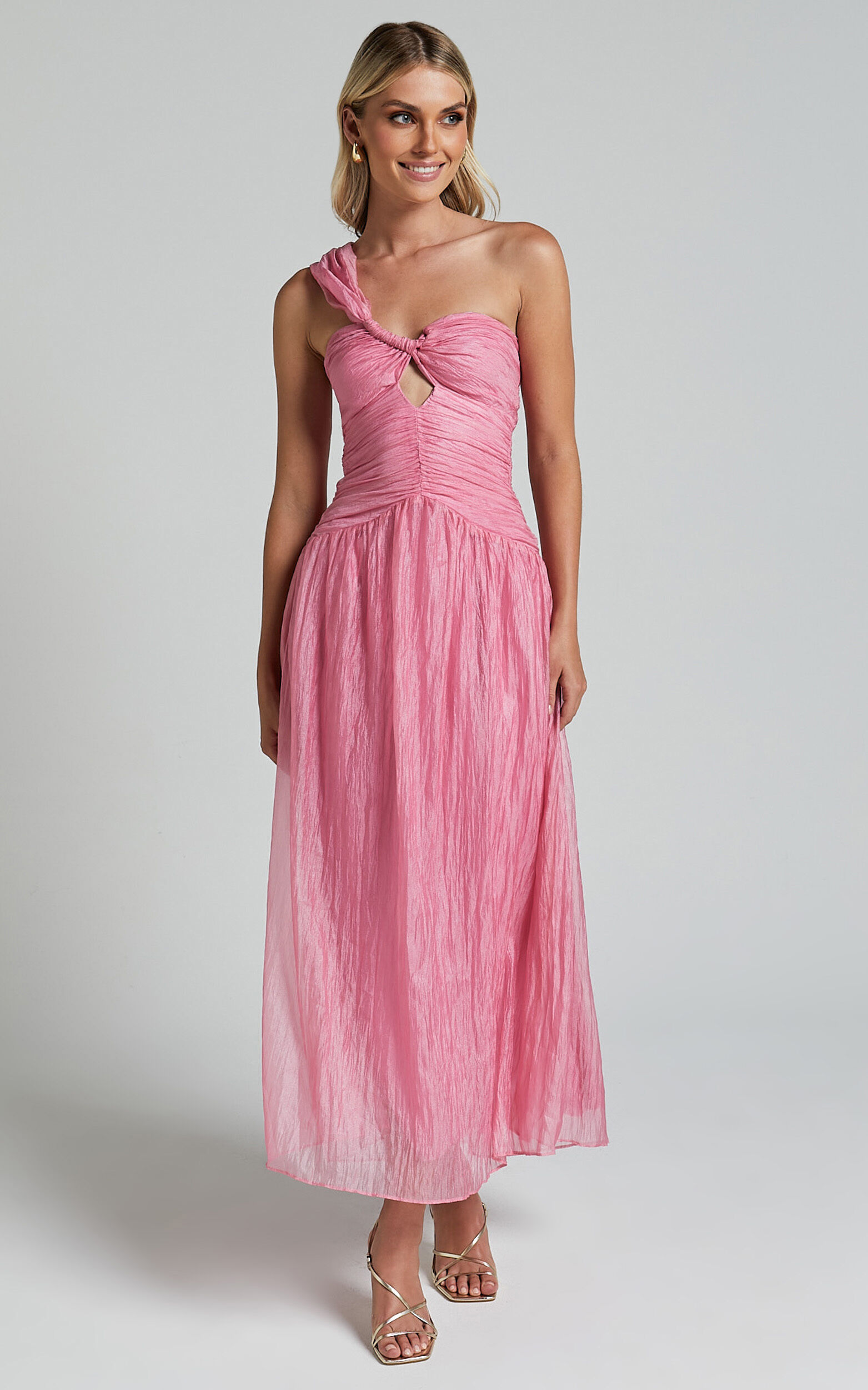 Janeilla Midi Dress - One Shoulder Cut Out Front Ruched Fit and Flare Dress in Pink