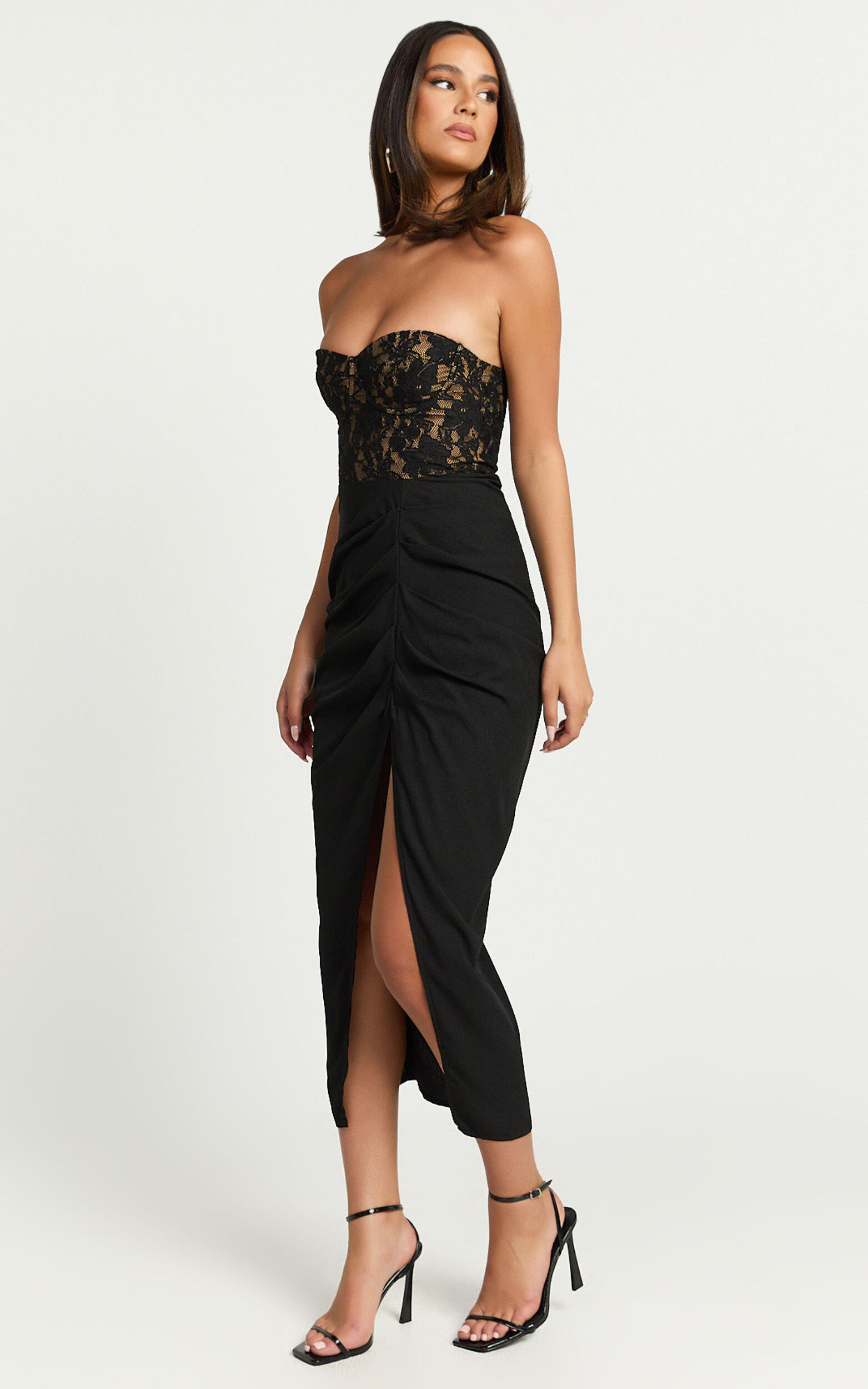 Janet Midi Dress - Strapless Sweetheart Draped Skirt Dress in Black