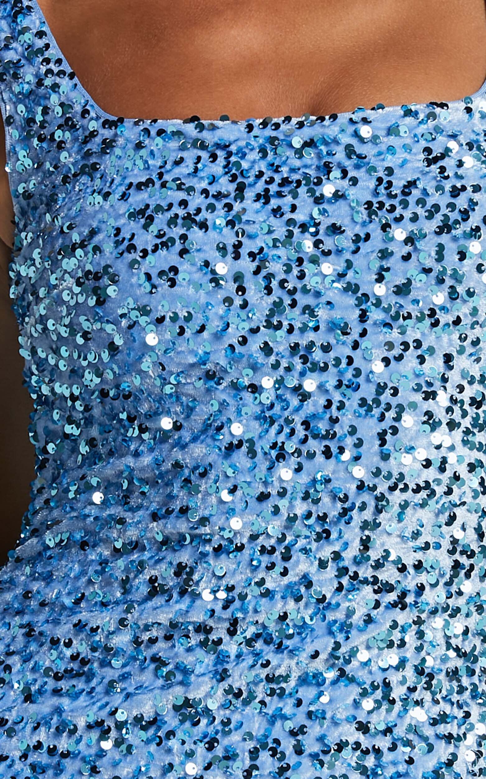 Donna Mini Dress - Square Neck Sequin Dress in Blue