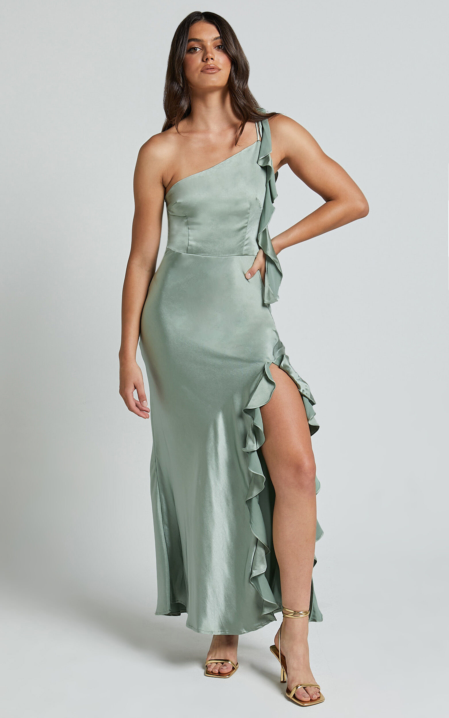 Cleo Midi Dress - One Shoulder Ruffle Detail Satin Dress in Sage