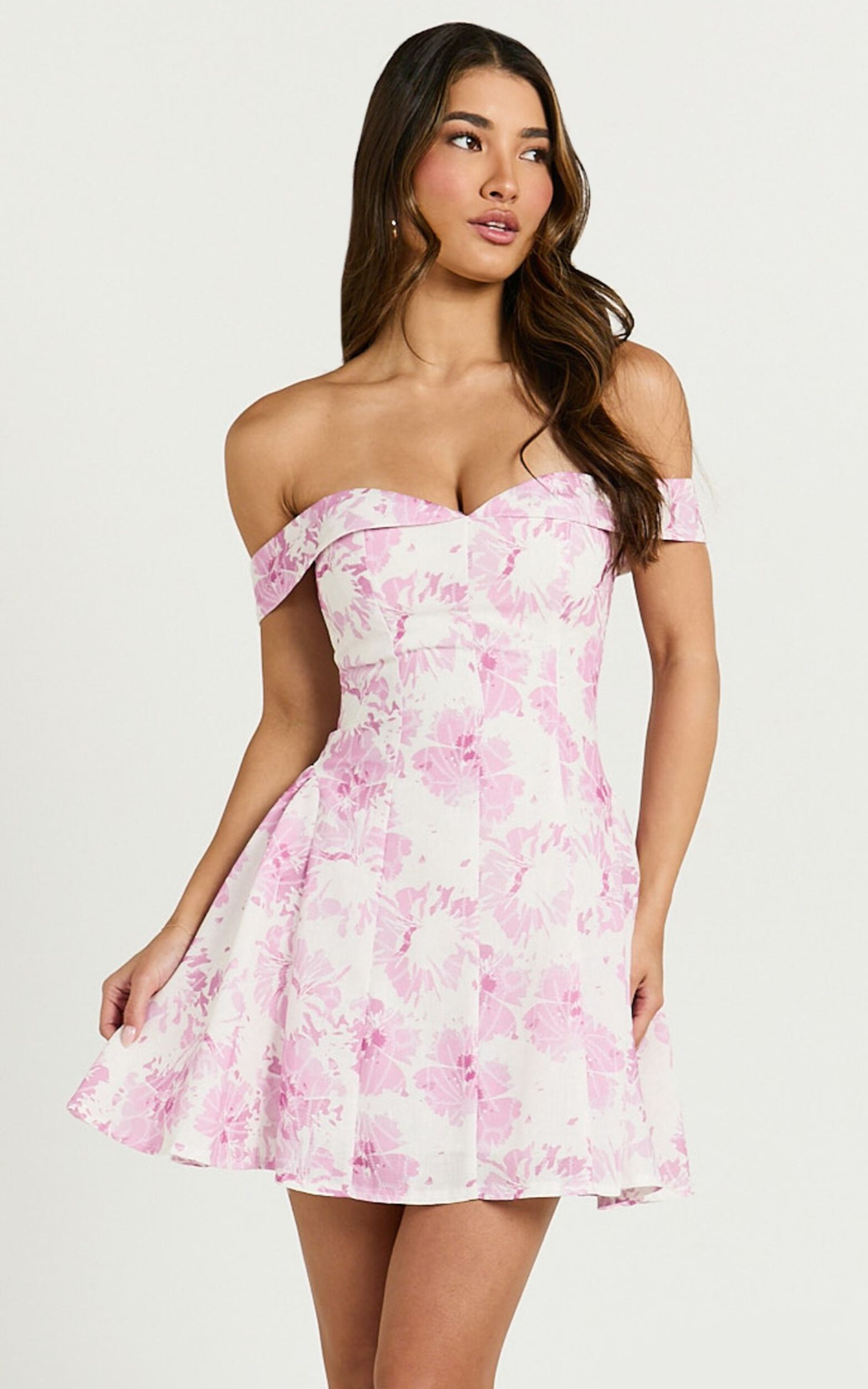 Alkie Mini Dress - Off Shoulder Sweetheart Neck Fit & Flare Dress in Print