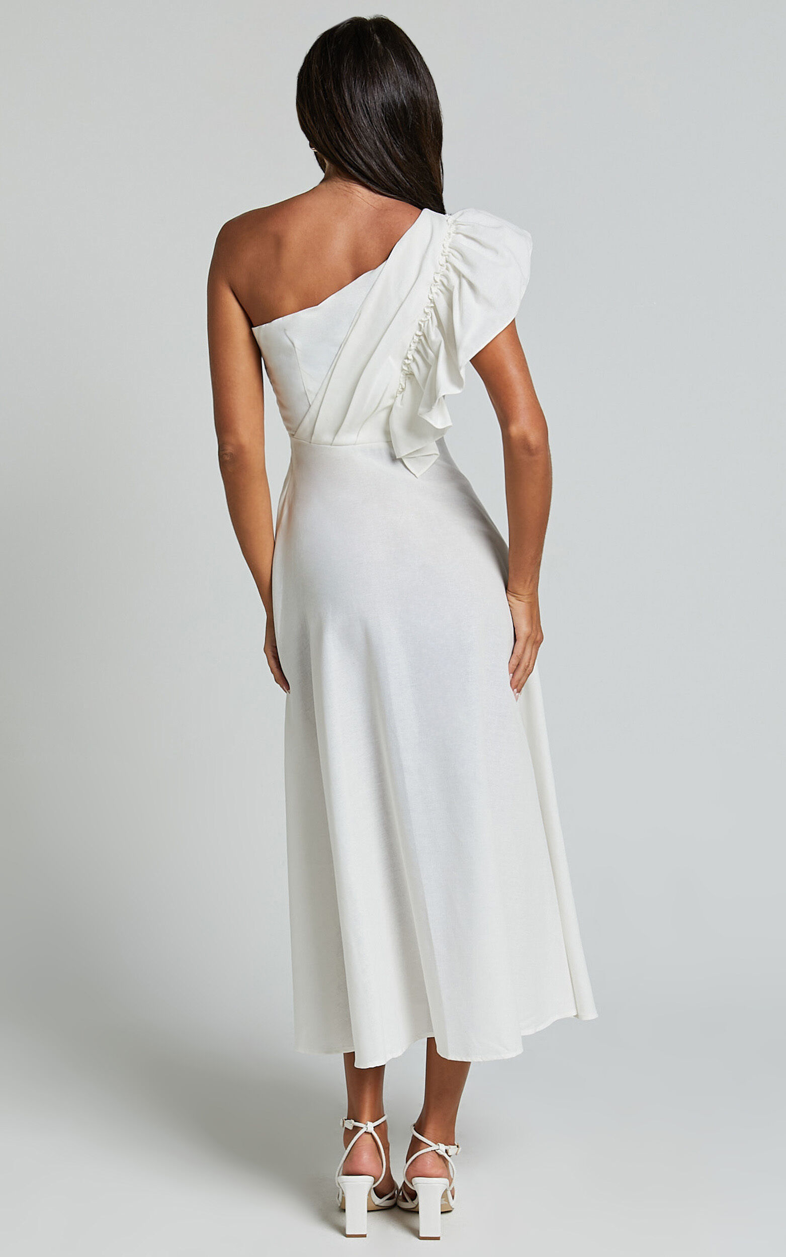 Dixie Midi Dress - Linen Look One Shoulder Ruffle Dress in White