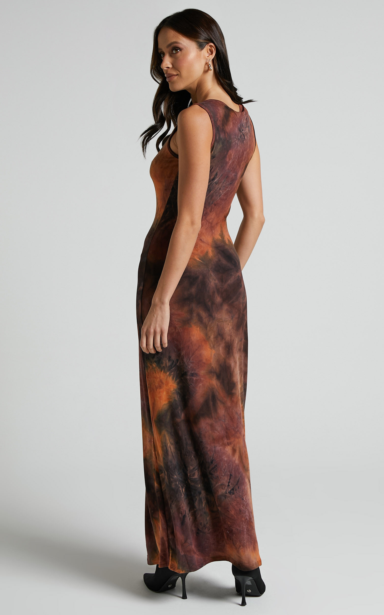 Amayra Midi Dress - High Neck Bodycon Dress in Brown Tie Dye