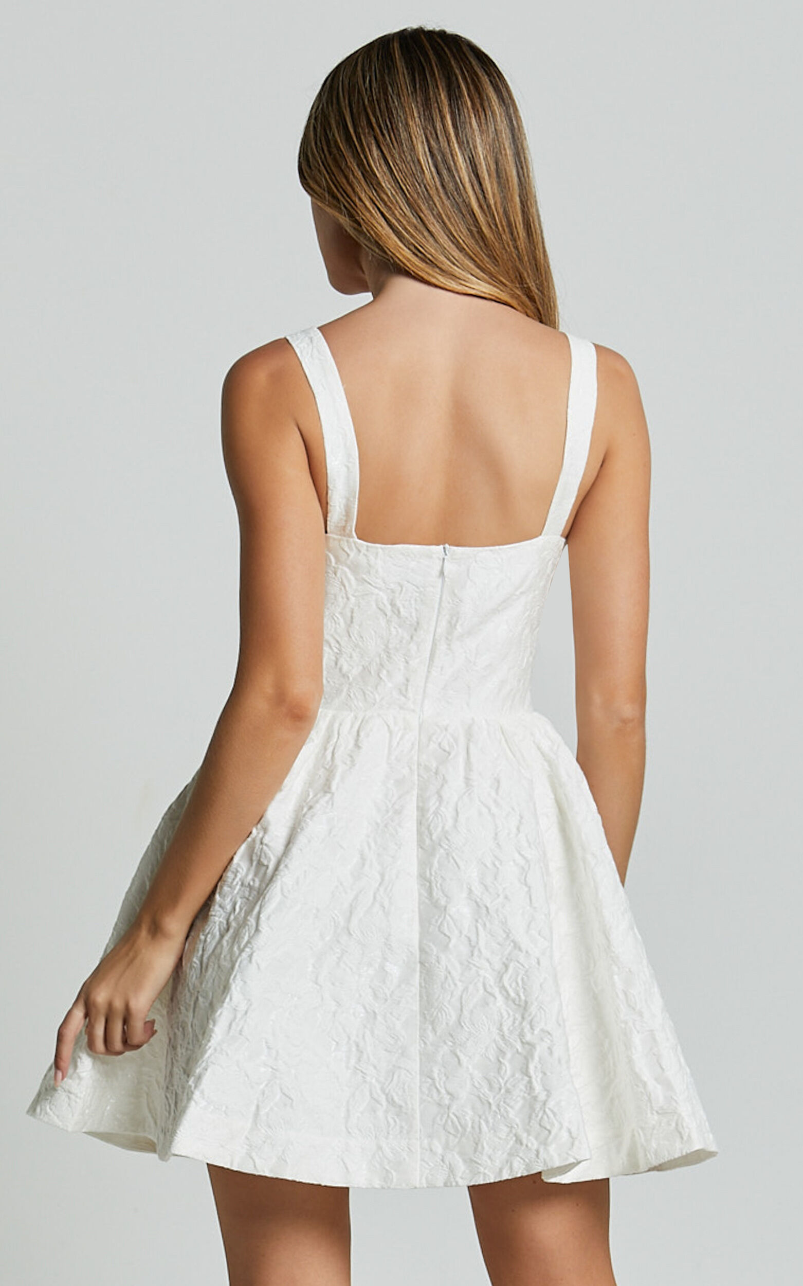 Cate Mini Dress - Sweetheart Pleated Bust Jacquard Mini Dress in White