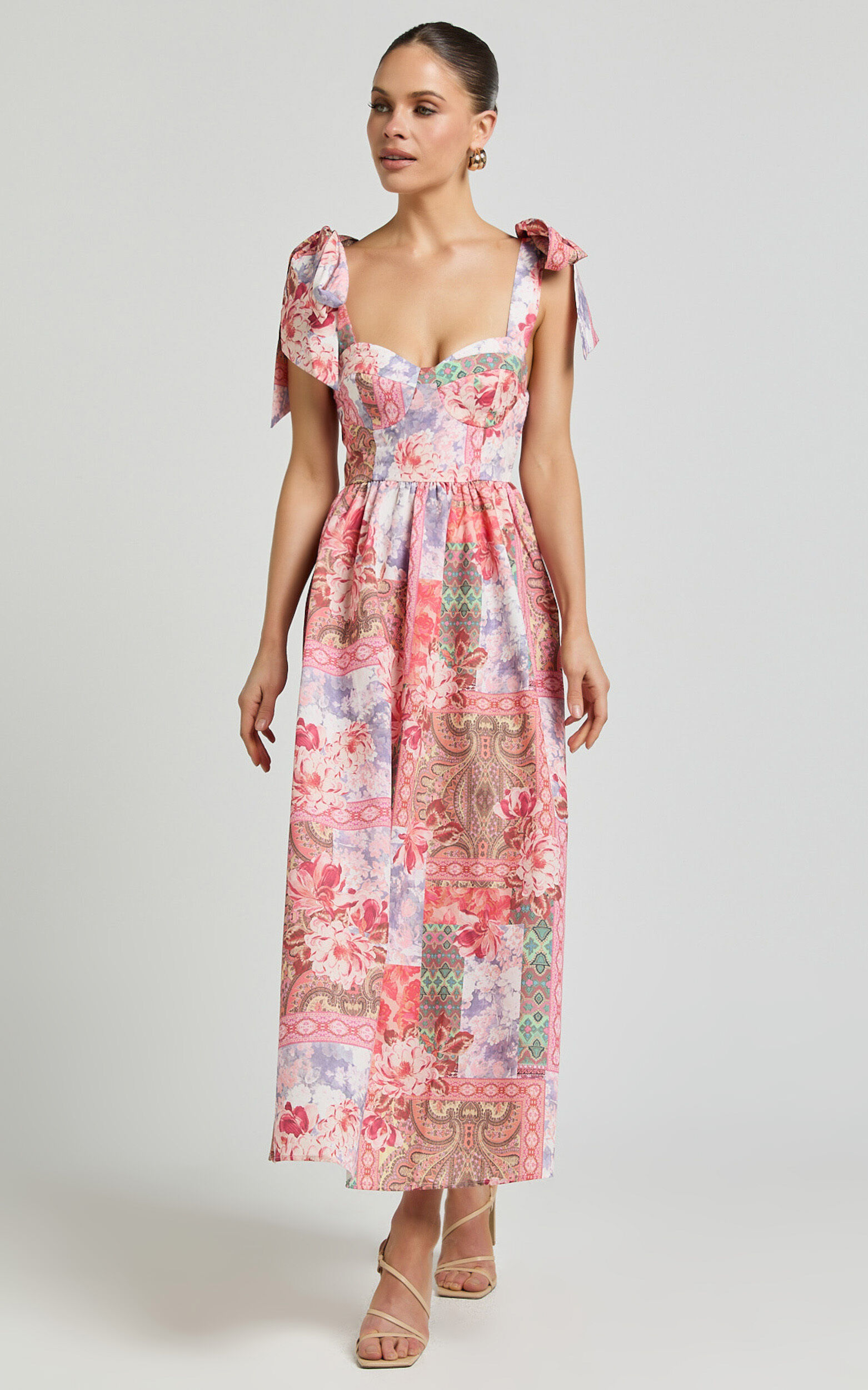 Meagan Midi Dress - Tie Shoulder Gathered Skirt Dress in Floral Mosaic Print