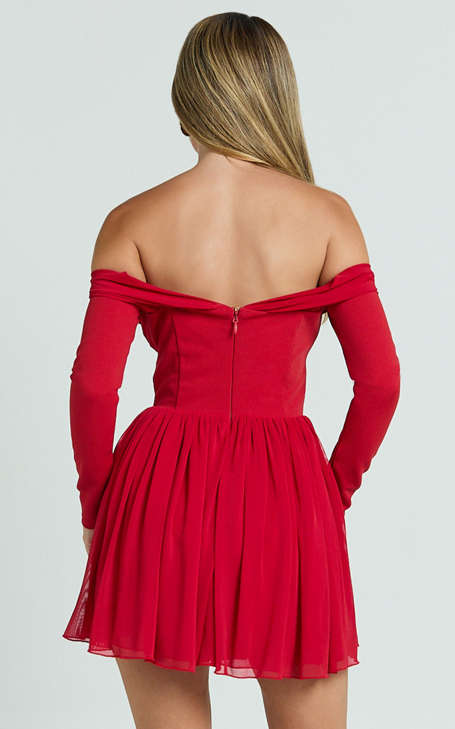 Bennett Mini Dress - Off Shoulder Long Sleeve V Waist Dress in Red