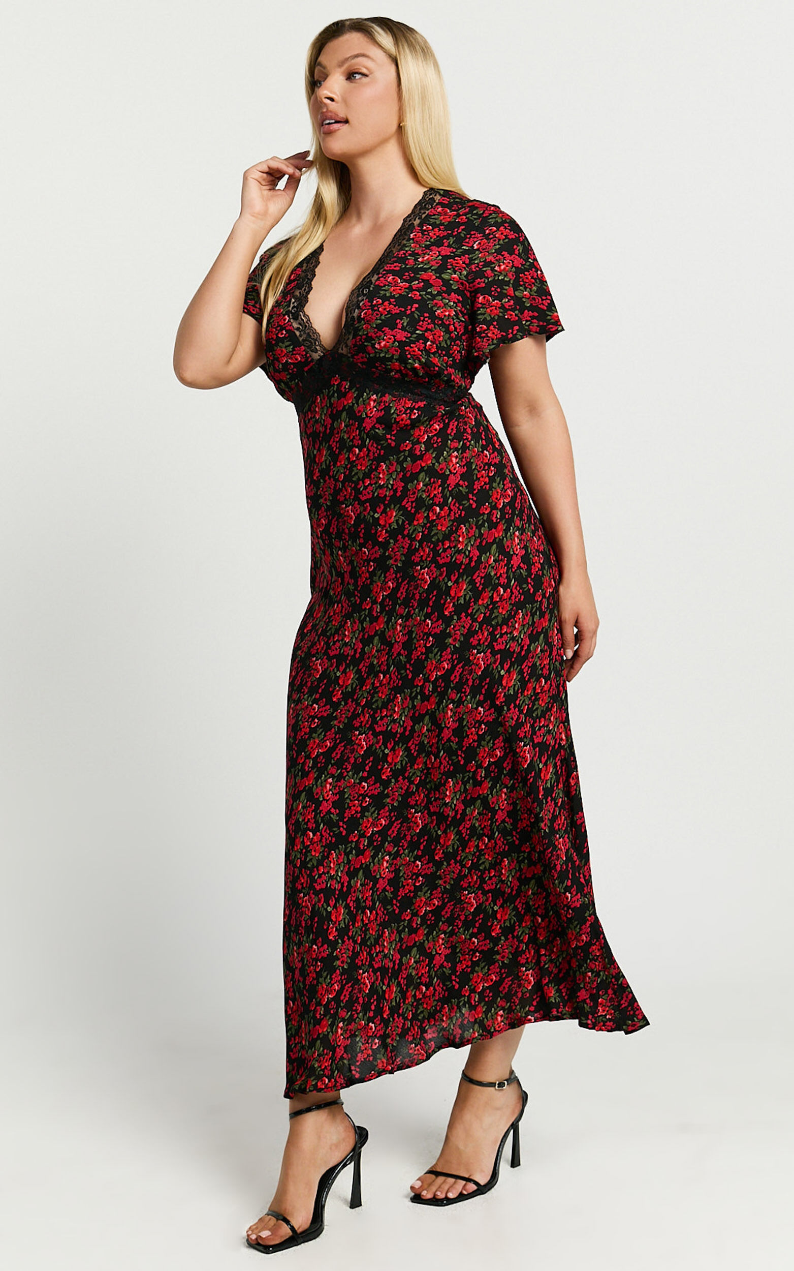 Vanya Midi Dress - V Neck Short Sleeve Lace Trim Tie Back Slip Dress in Black Floral