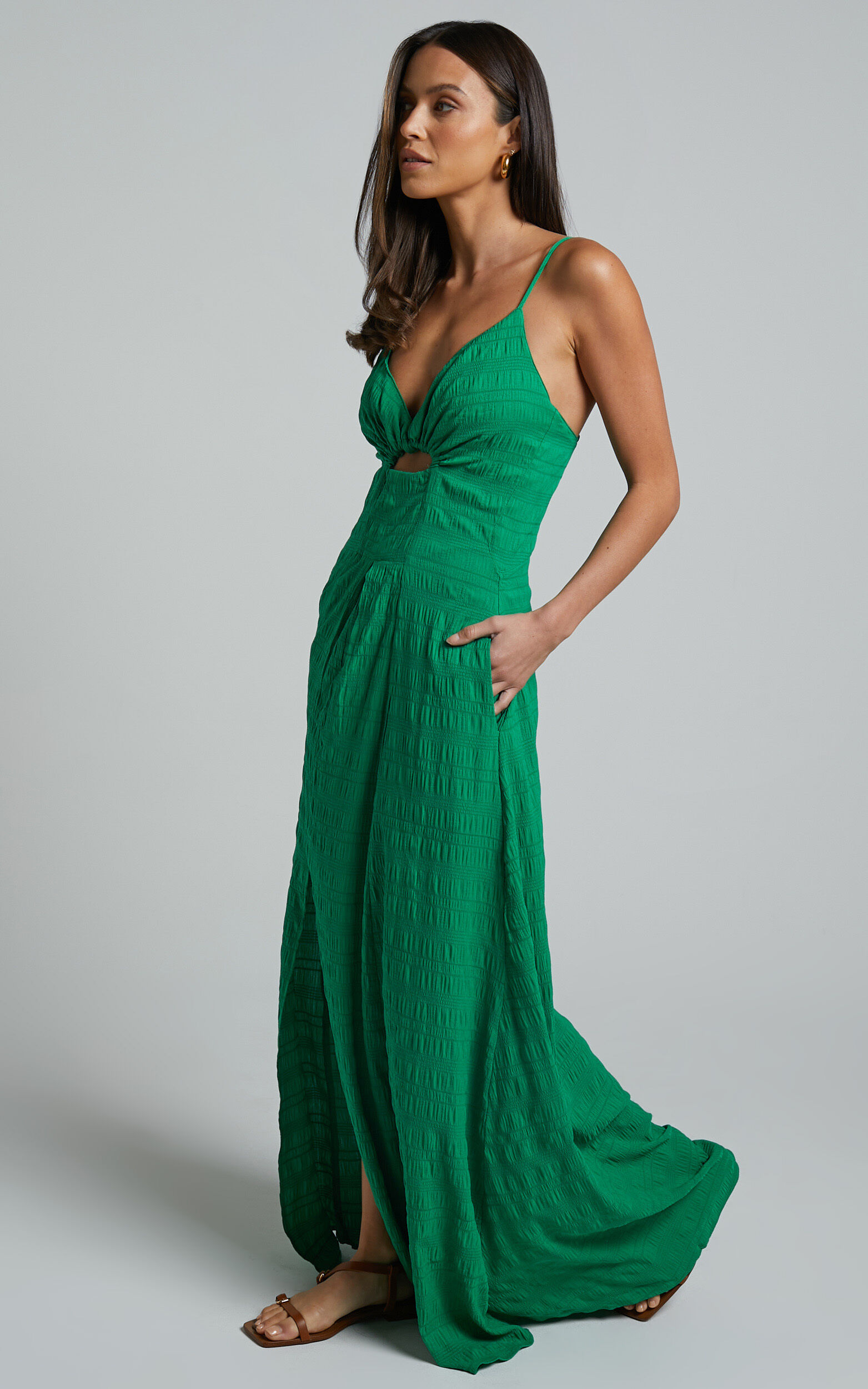 Marisse Maxi Dress - Cut Out Front Split Cross Back Textured Dress in Green