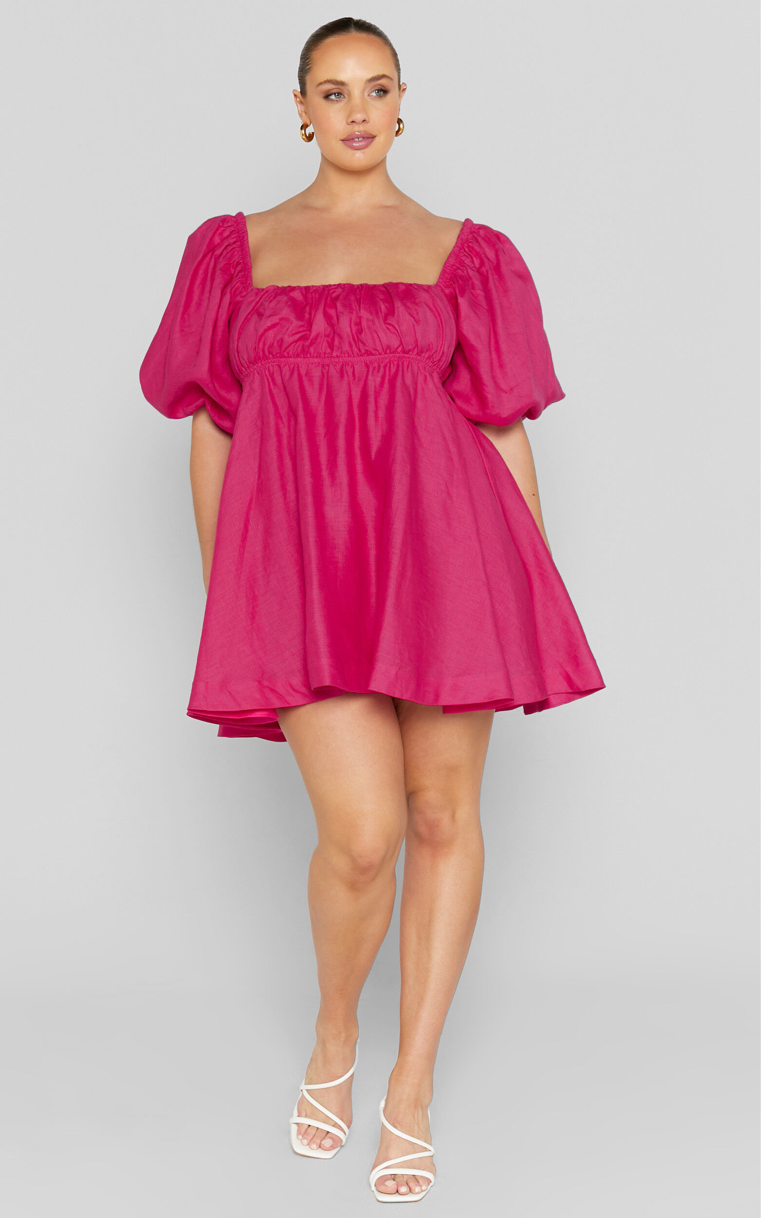Amalie The Label - Hamyya Linen Tie Back Puff Sleeve Mini Linen Dress in Magenta