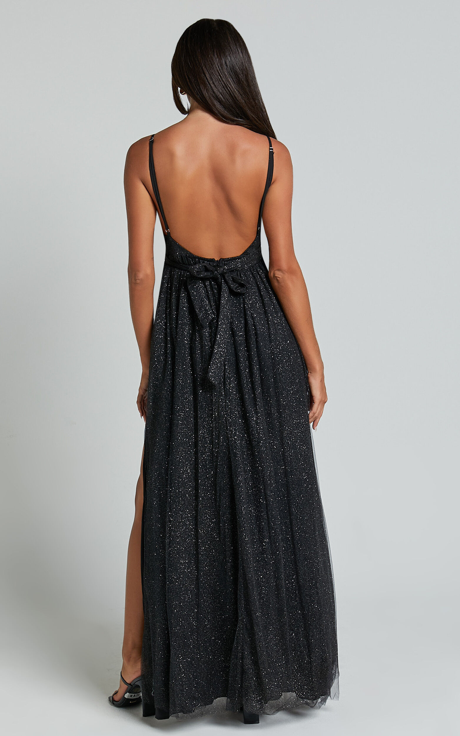 Angelina Midi Dress - Plunge Neck Glitter Neck Dress in Black