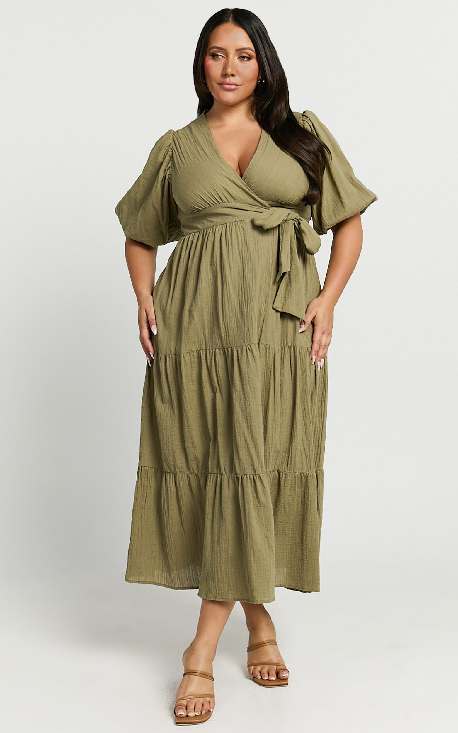 Penelope Wrap Front Puff Sleeve Midi Dress in Olive