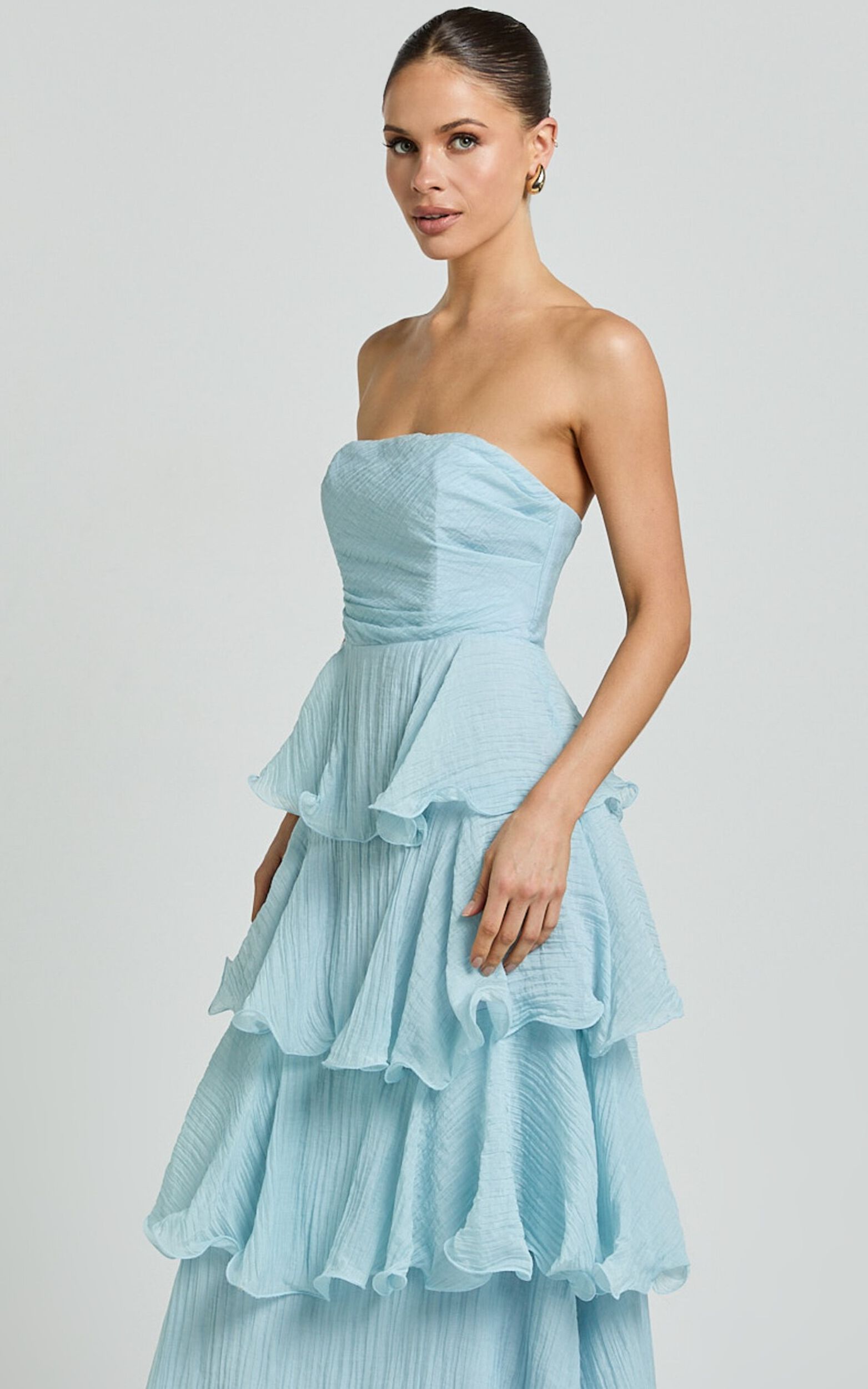 Jaiden Midi Dress - Strappless Layered Dress in Blue