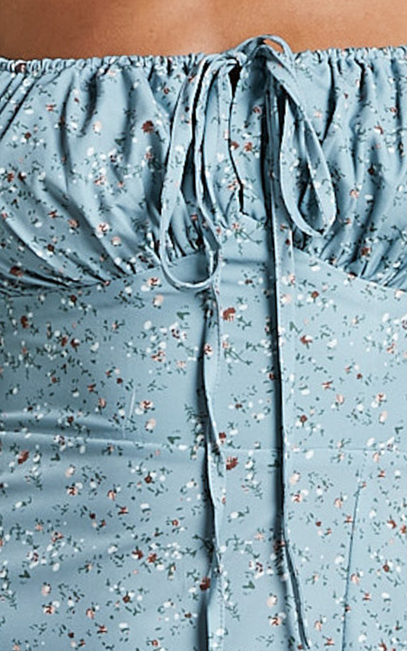 Zenny Midi Dress - Ruched Bust Floral Dress in Light Blue