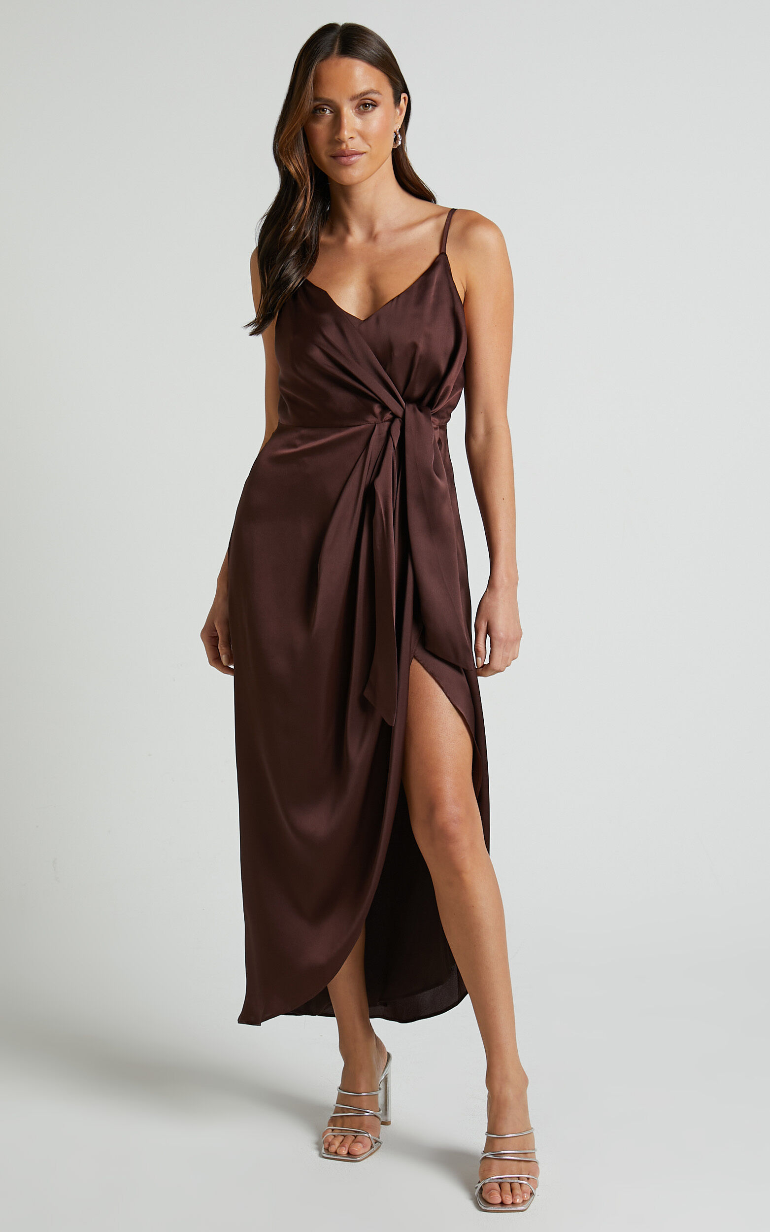 Katie Midi Dress - V Neck Tie Front Detail Dress in Chocolate