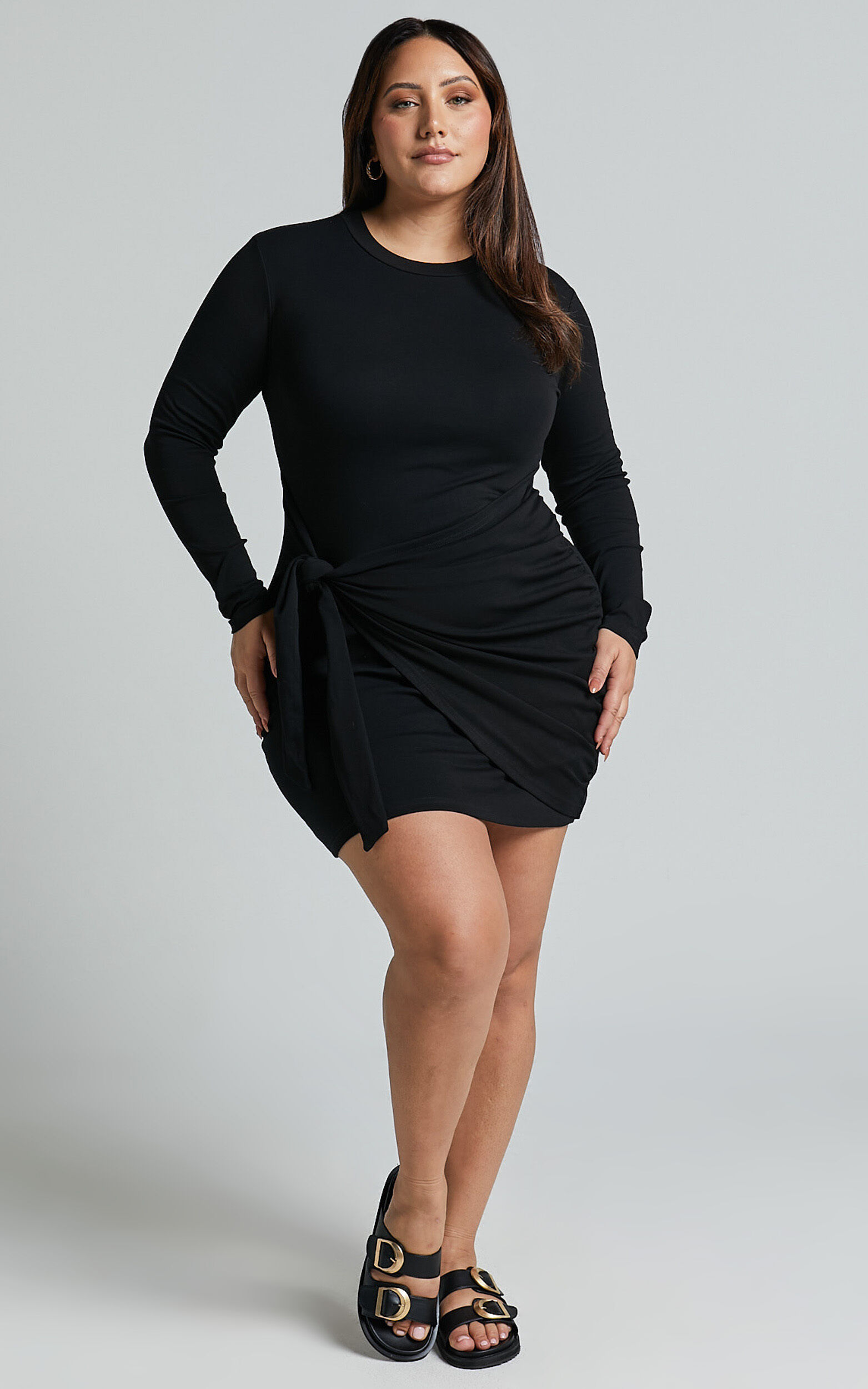 Marleen Mini Dress - Wrap Front Long Sleeve Bodycon Dress in Black