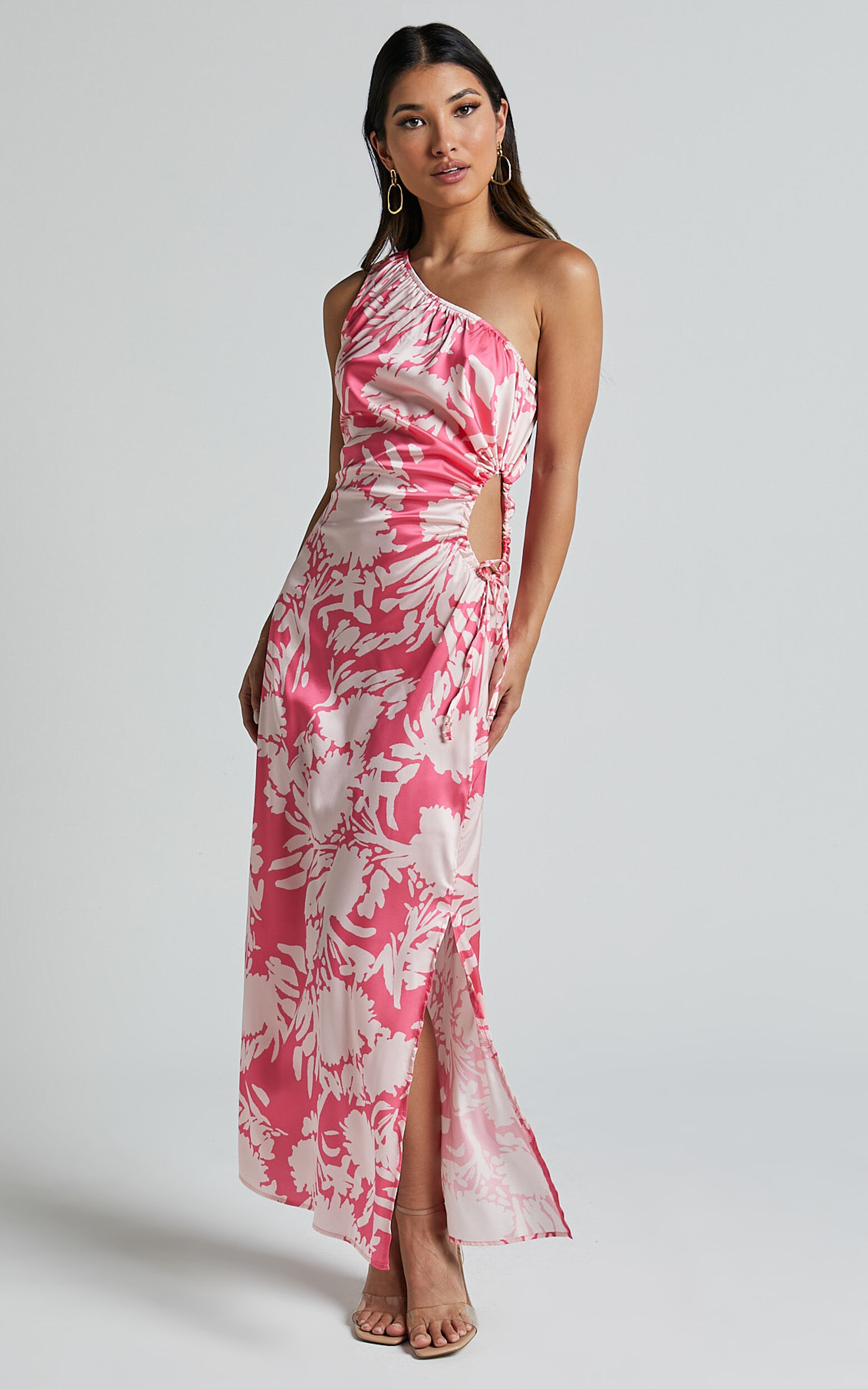 Elycia Midi Dress - One Shoulder Side Cut Out Dress in Pink Floral