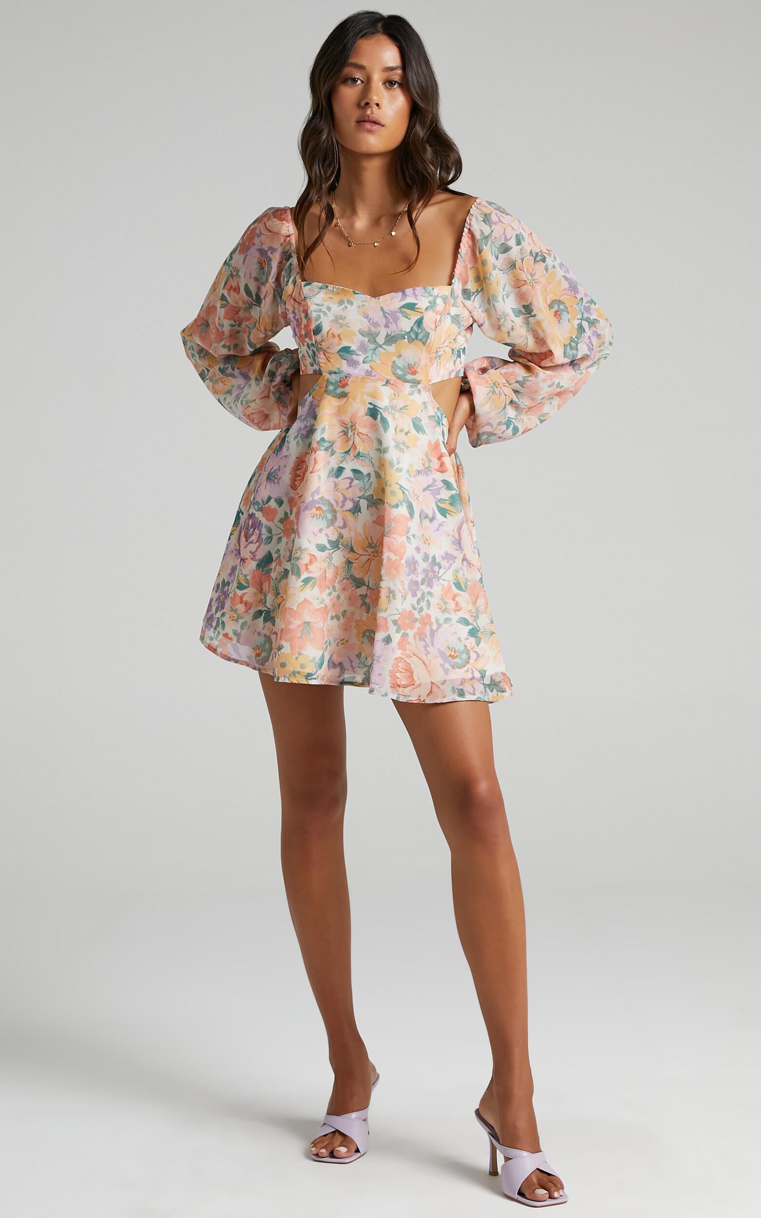 Ebonee Mini Dress - Puff Sleeve Cut Out Dress in Flower Crown