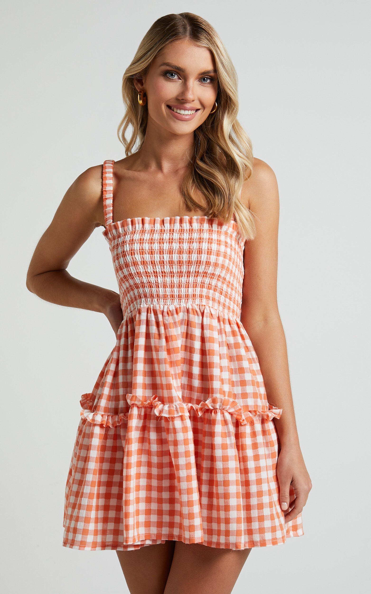 Wilda Mini Dress - Shirred Tiered Dress in Orange