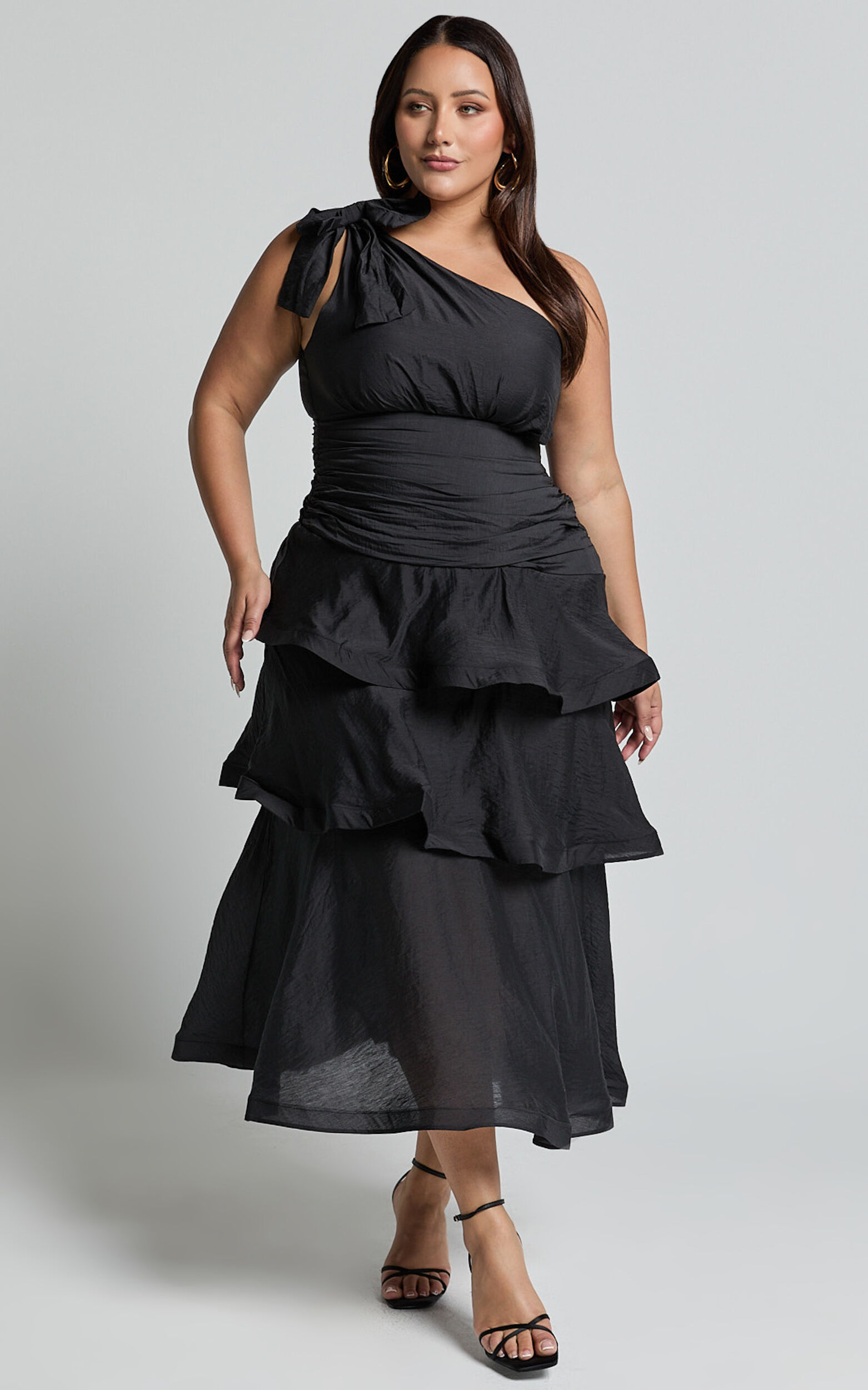 Eugenia Midi Dress - One Shoulder Fit and Flare Layered Dress in Black