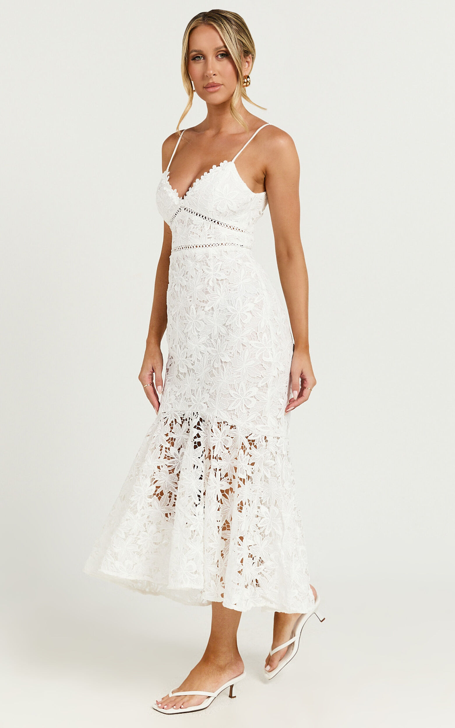 Aracely Midi Dress - Strappy Sweetheart Lace Mermaid Dress in White
