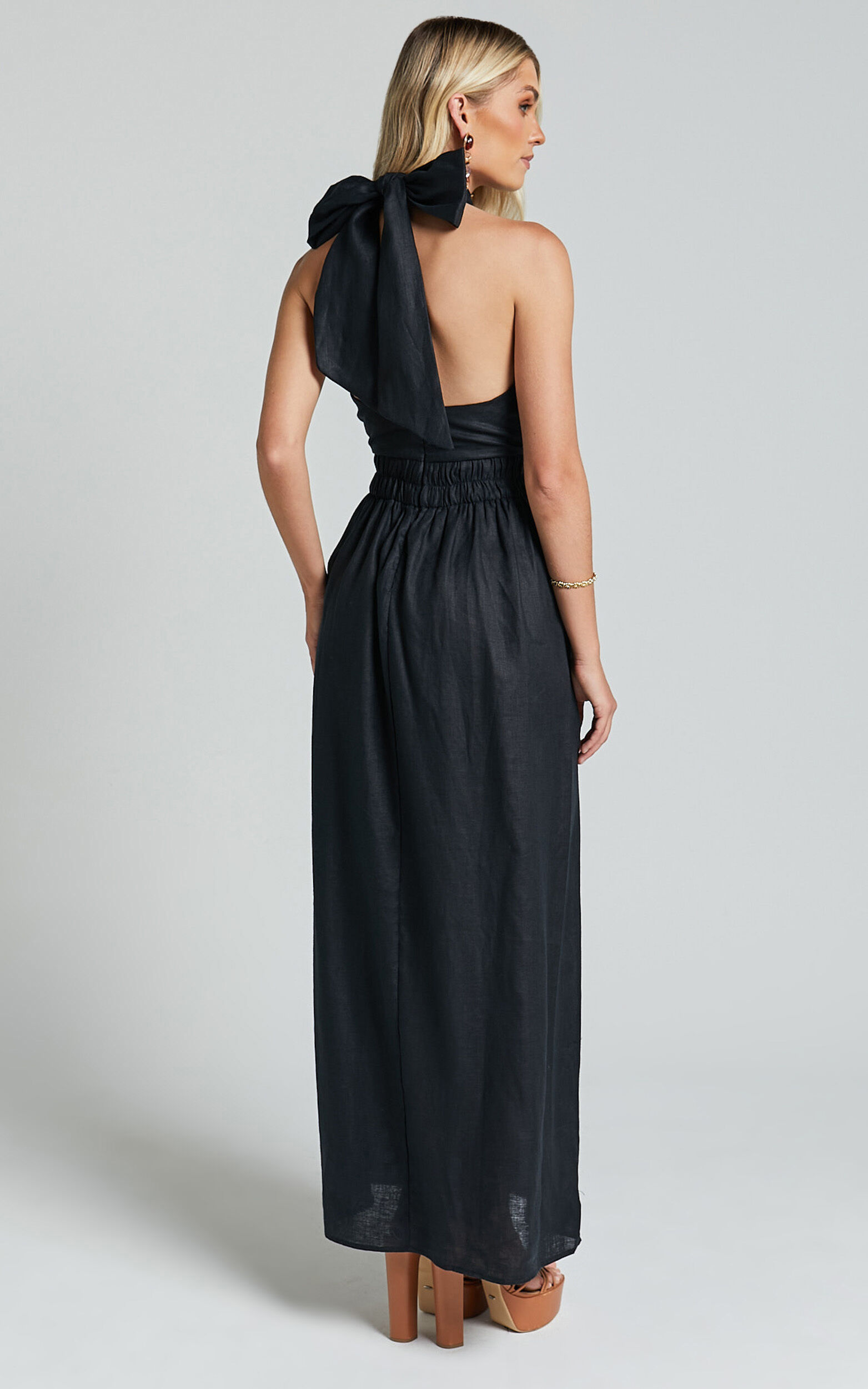 Amalie The Label - Shepard Linen Blend Halter Neck Maxi Dress in Black