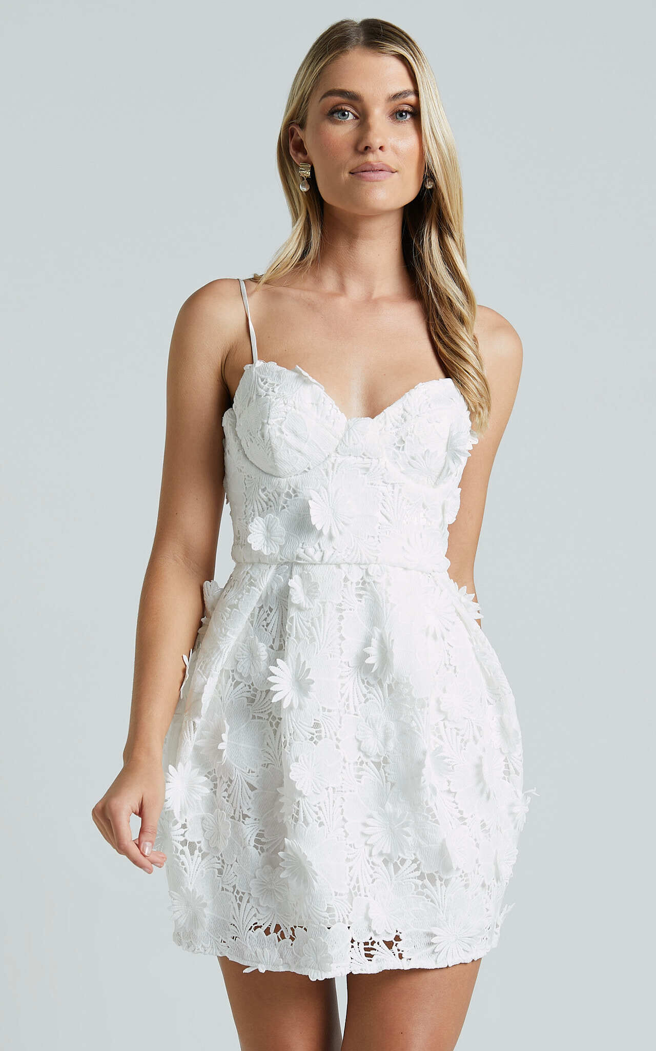 Attilie Mini Dress - Sweetheart Bustier 3D Floral in White