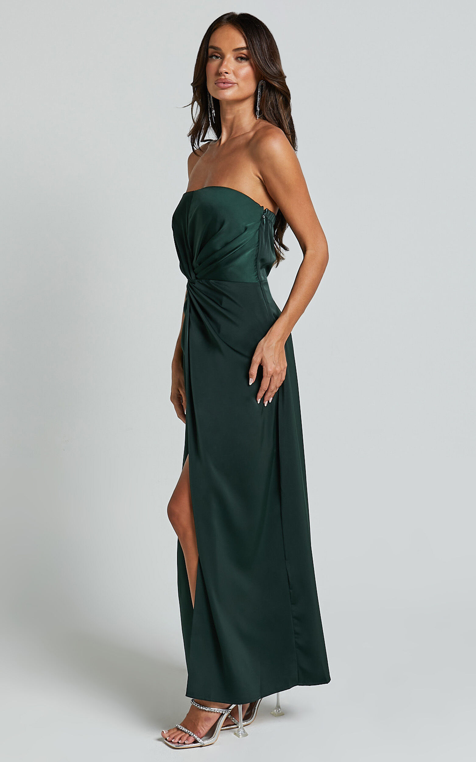 Hathaway Maxi Dress - Strapless Straight Neck Twist Front Split in Emerald