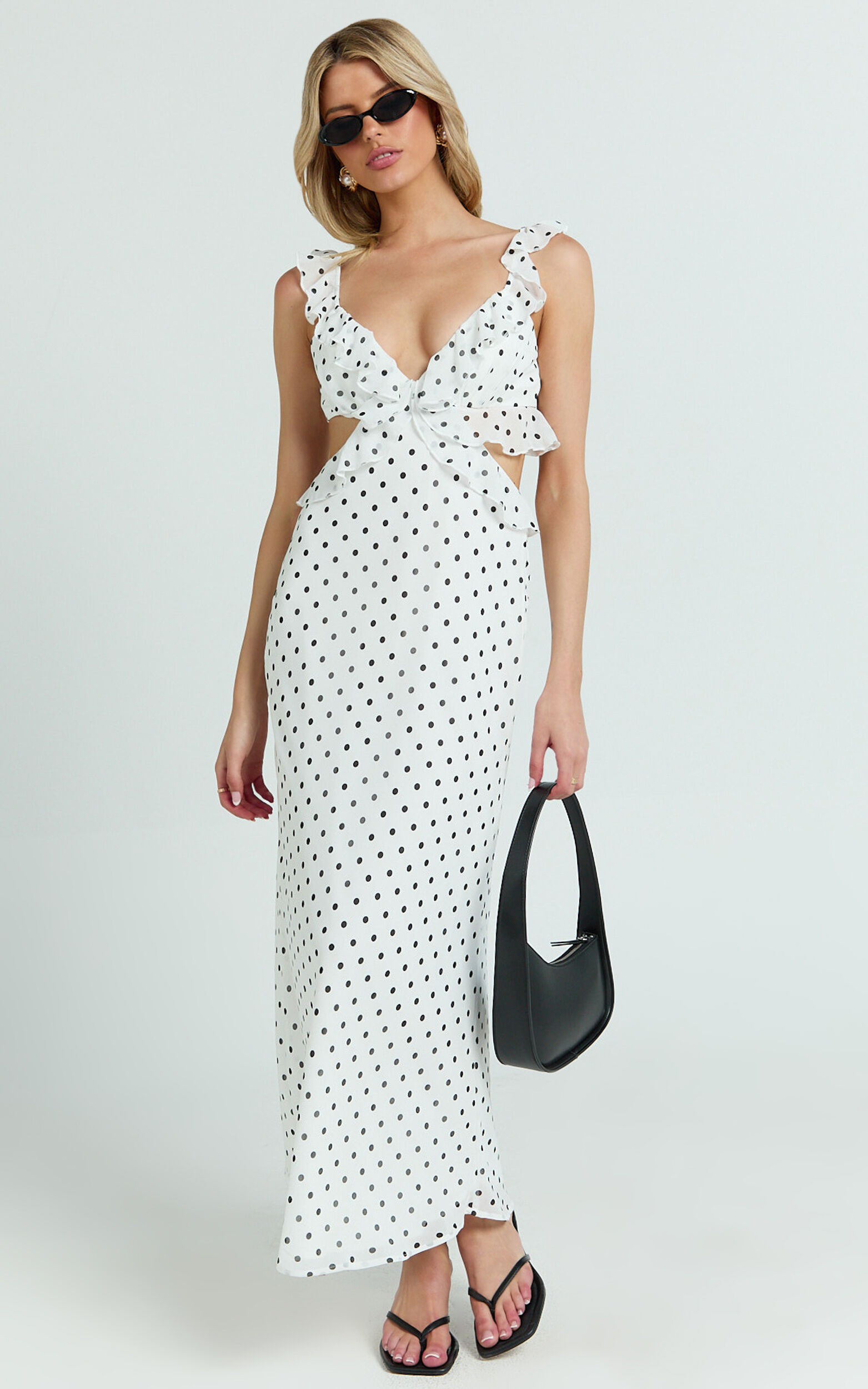 Dahlia Midi Dress - Ruffle Details Slip Dress in White Based Polkadot