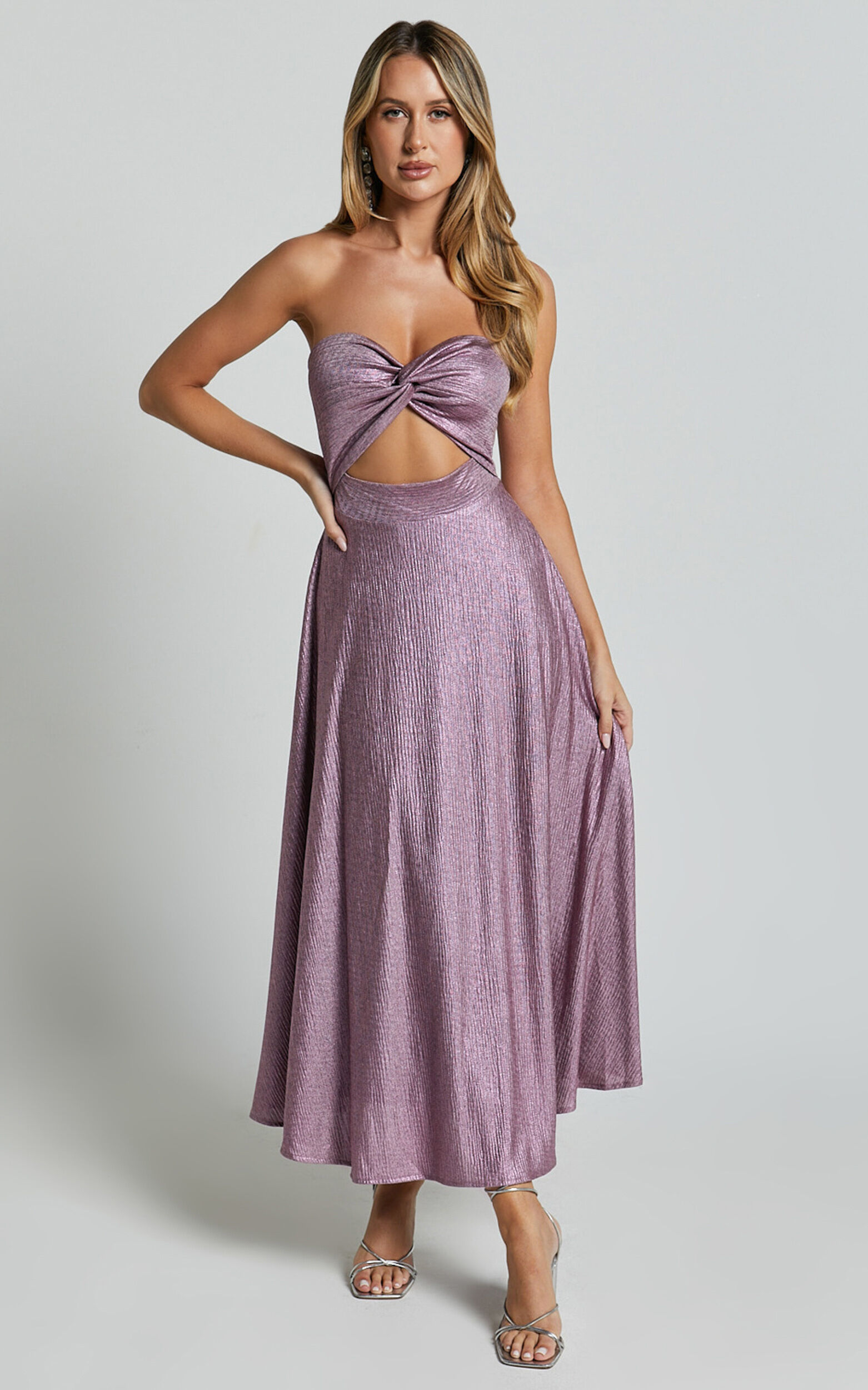 Effie Midi Dress - Strapless Twist Front Metallic Dress in Pink