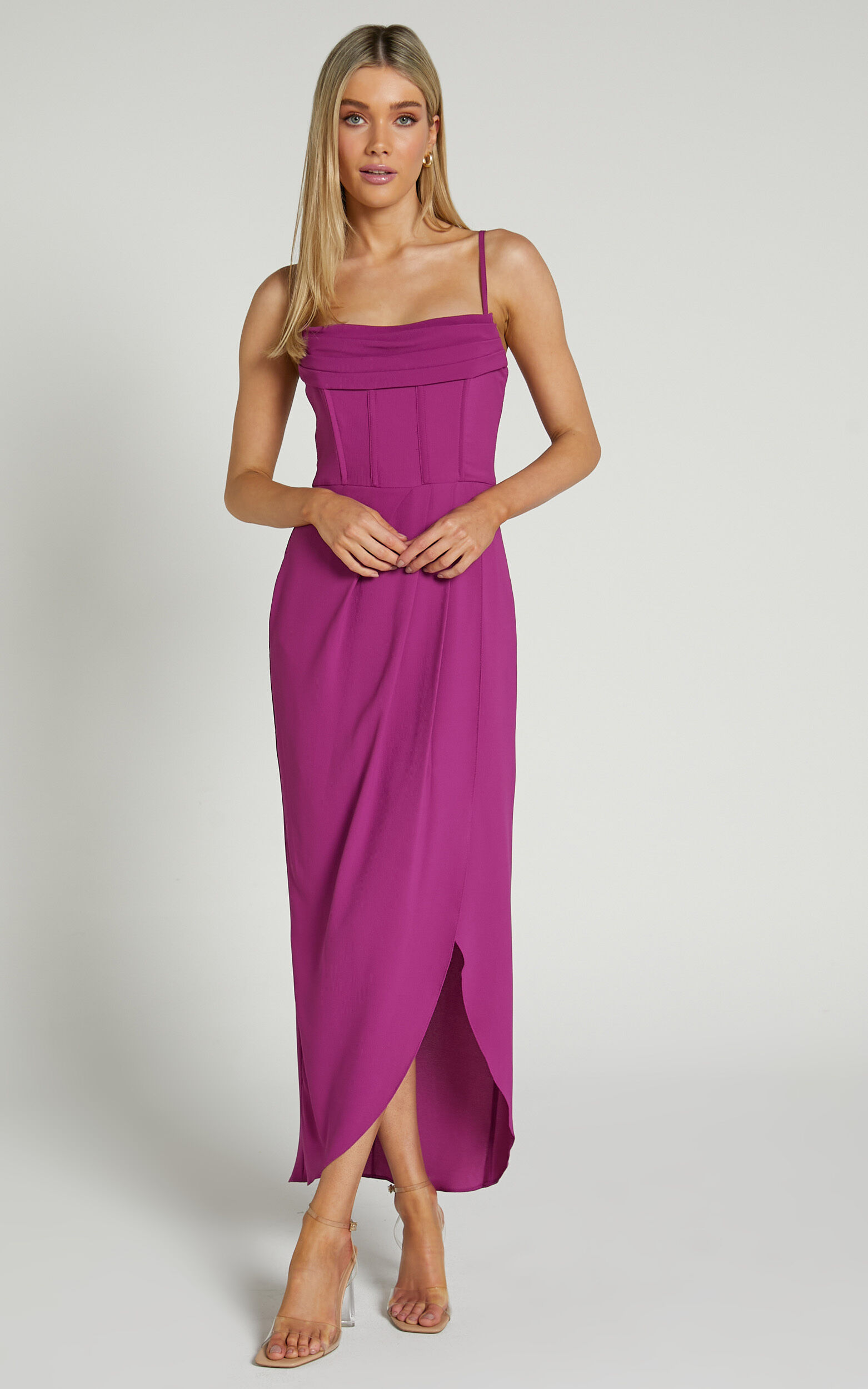 Andrina Midi Dress - High Low Wrap Corset Dress in GRAPE