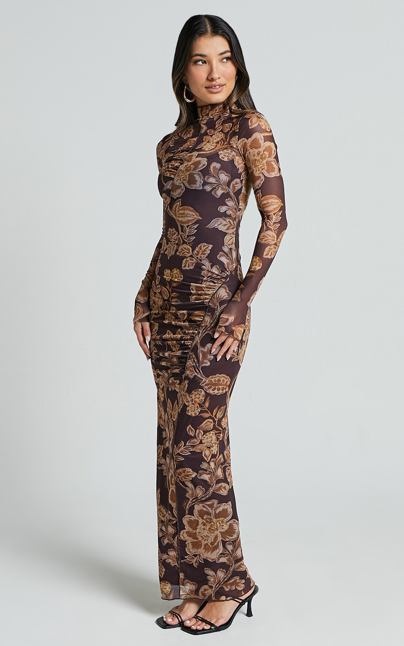 Vivian Midi Dress - High Neck Long Sleeve Mesh Dress in Amber Bloom Print