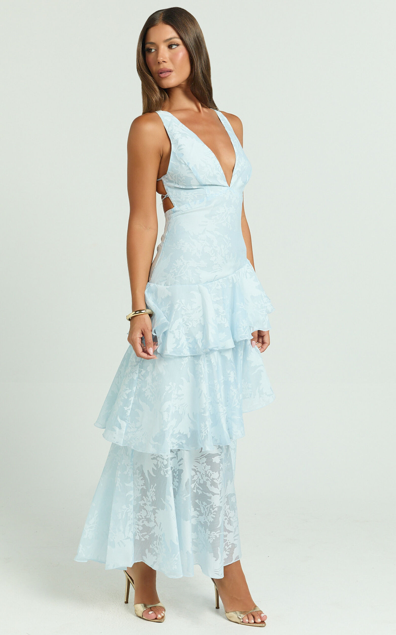 Eva Midi Dress - Deep V Neck Sleeveless Layered Dress in Blue