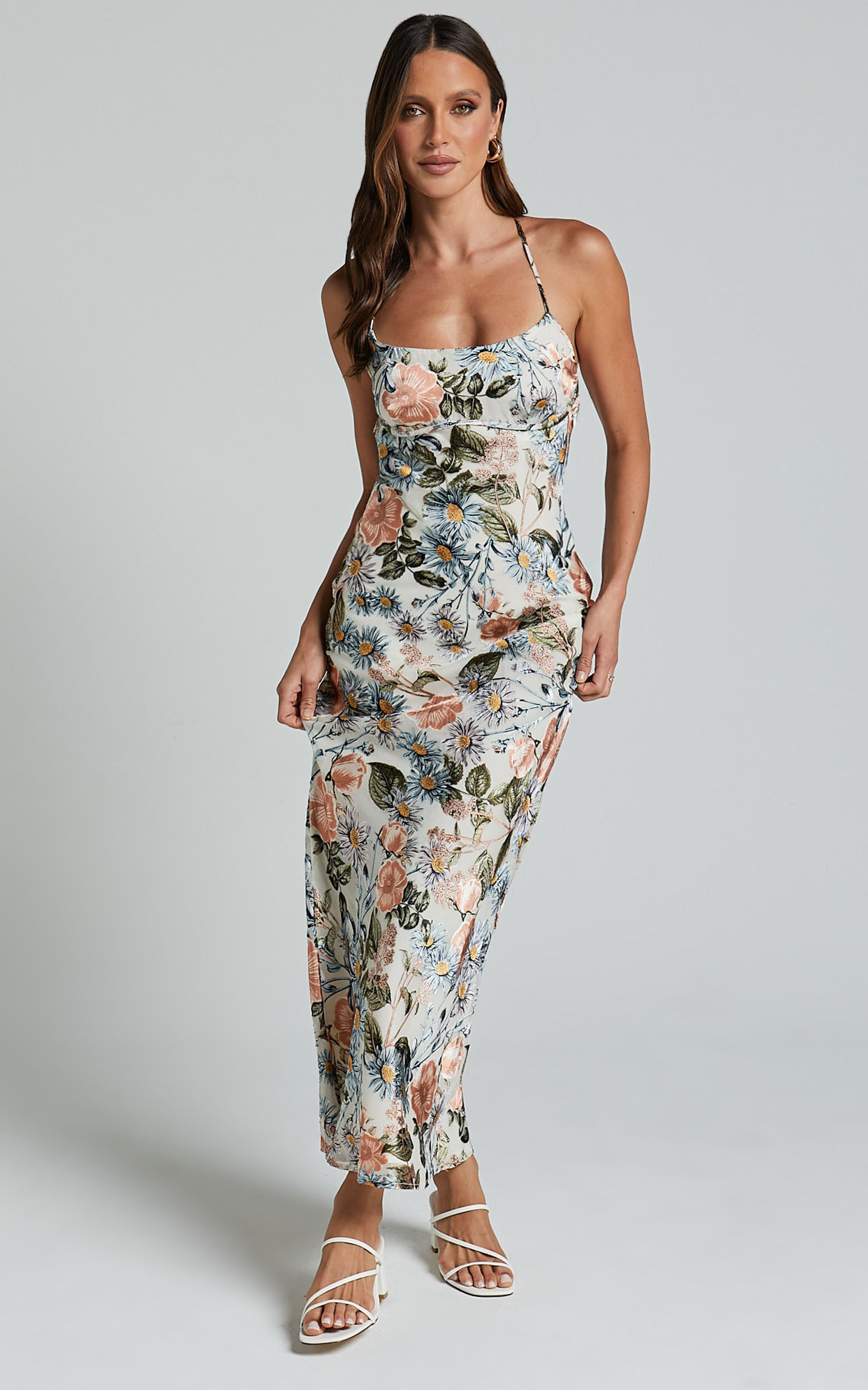 Constanzie Maxi Dress - Open Tie Back Dress in Peach Floral