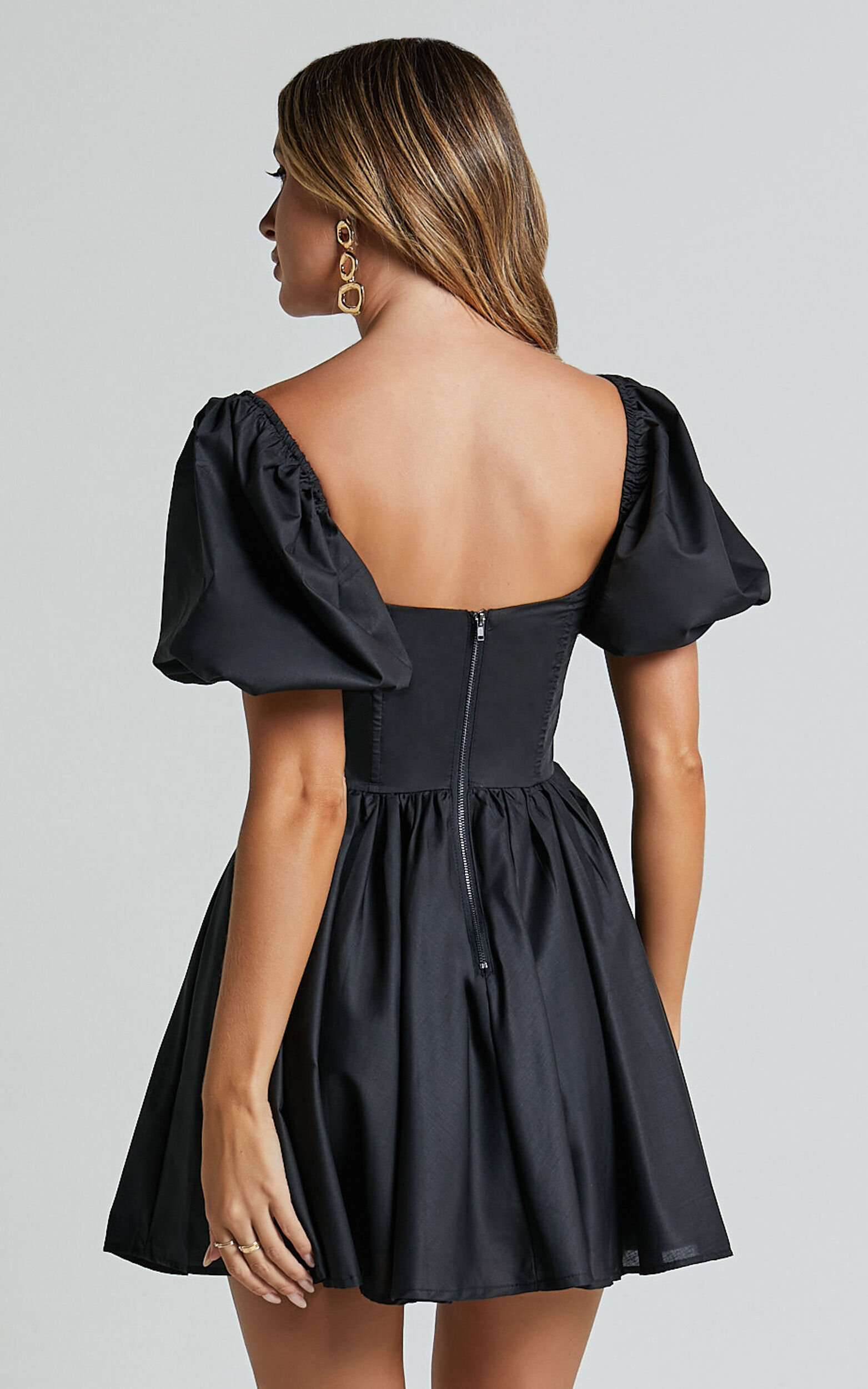 Souza Mini Dress - Fit and Flare Puff Sleeve Corset Dress in Black