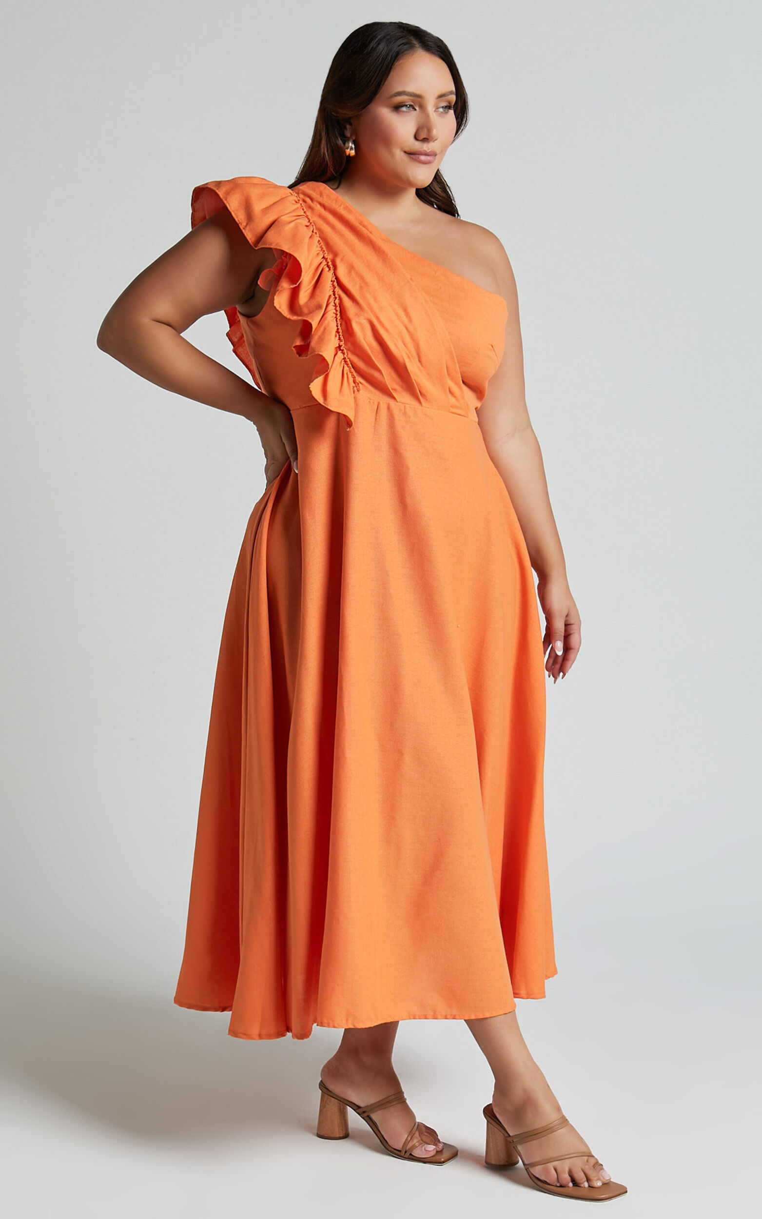Dixie Midi Dress - Linen Look One Shoulder Ruffle Dress in Orange