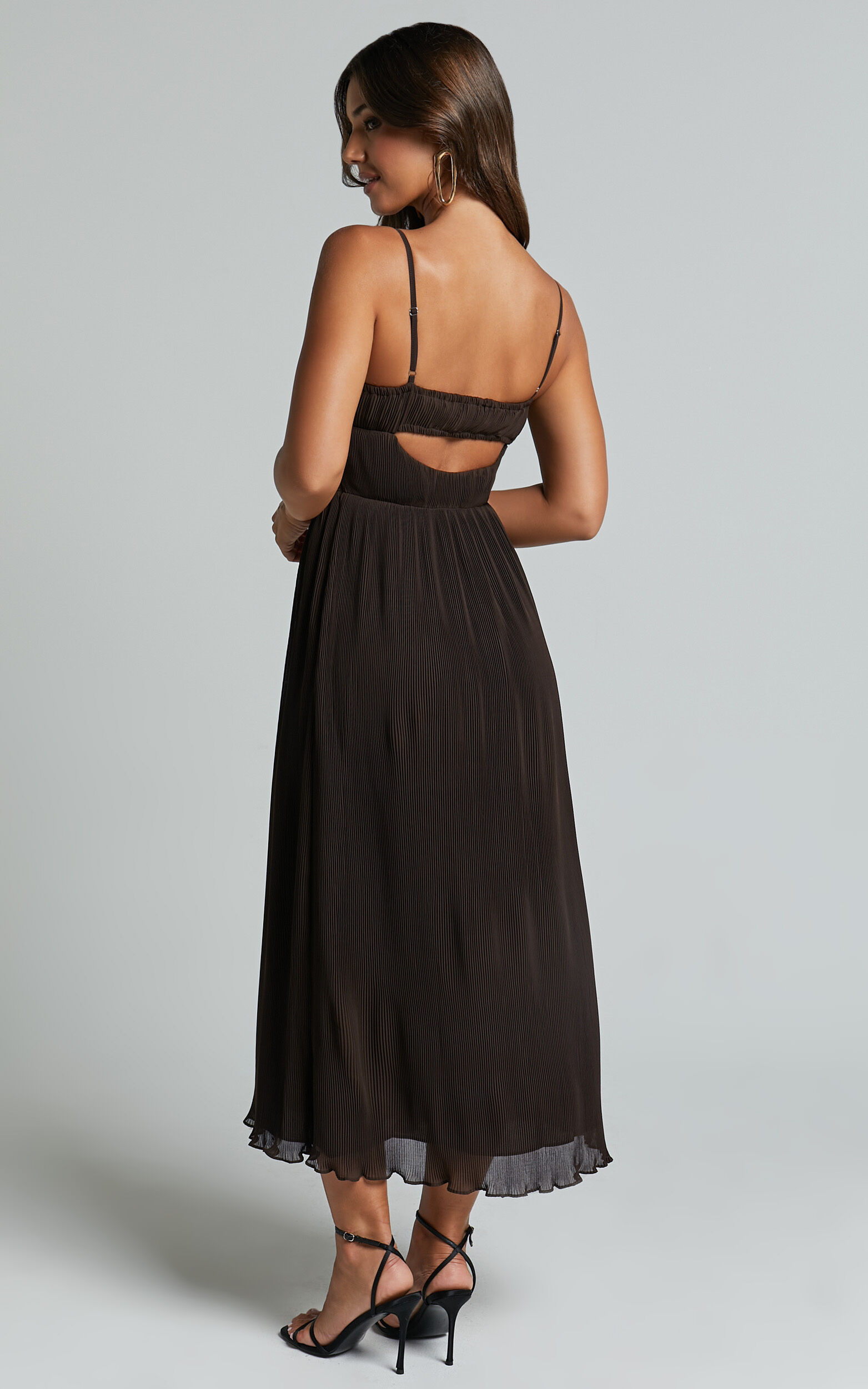 Ezri Midi Dress - Strappy Cut Out Pleated A Line Dress in Chocolate