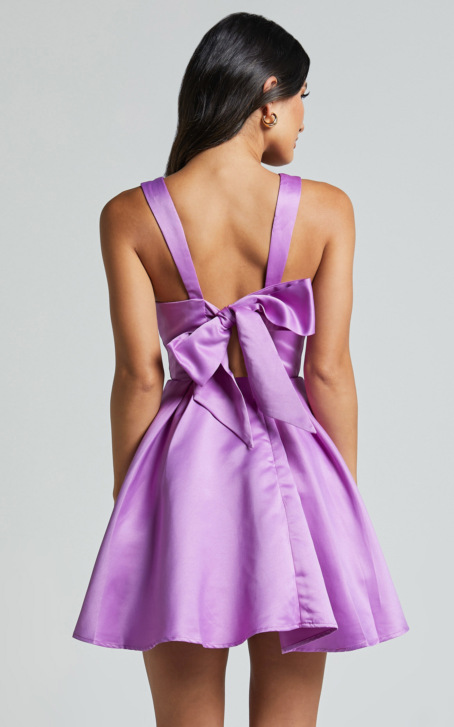 Stephanie Mini Dress - Satin Square Neck Tie Back Dress in Orchid