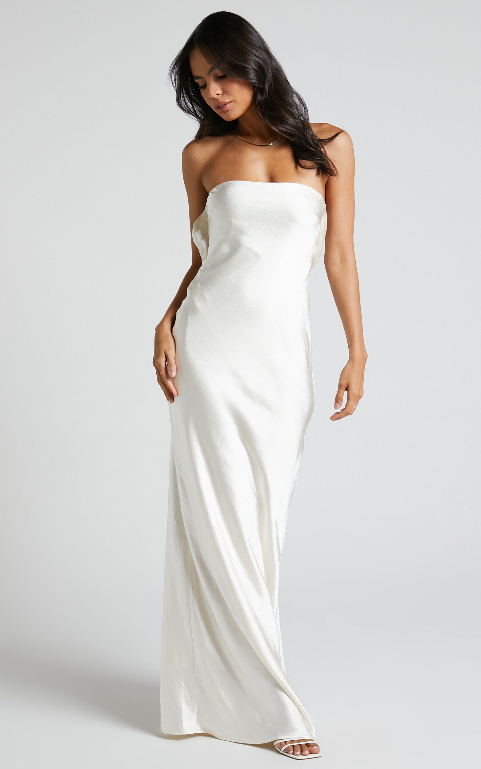 Charlita Maxi Dress - Strapless Cowl Back Satin Dress in Pearl