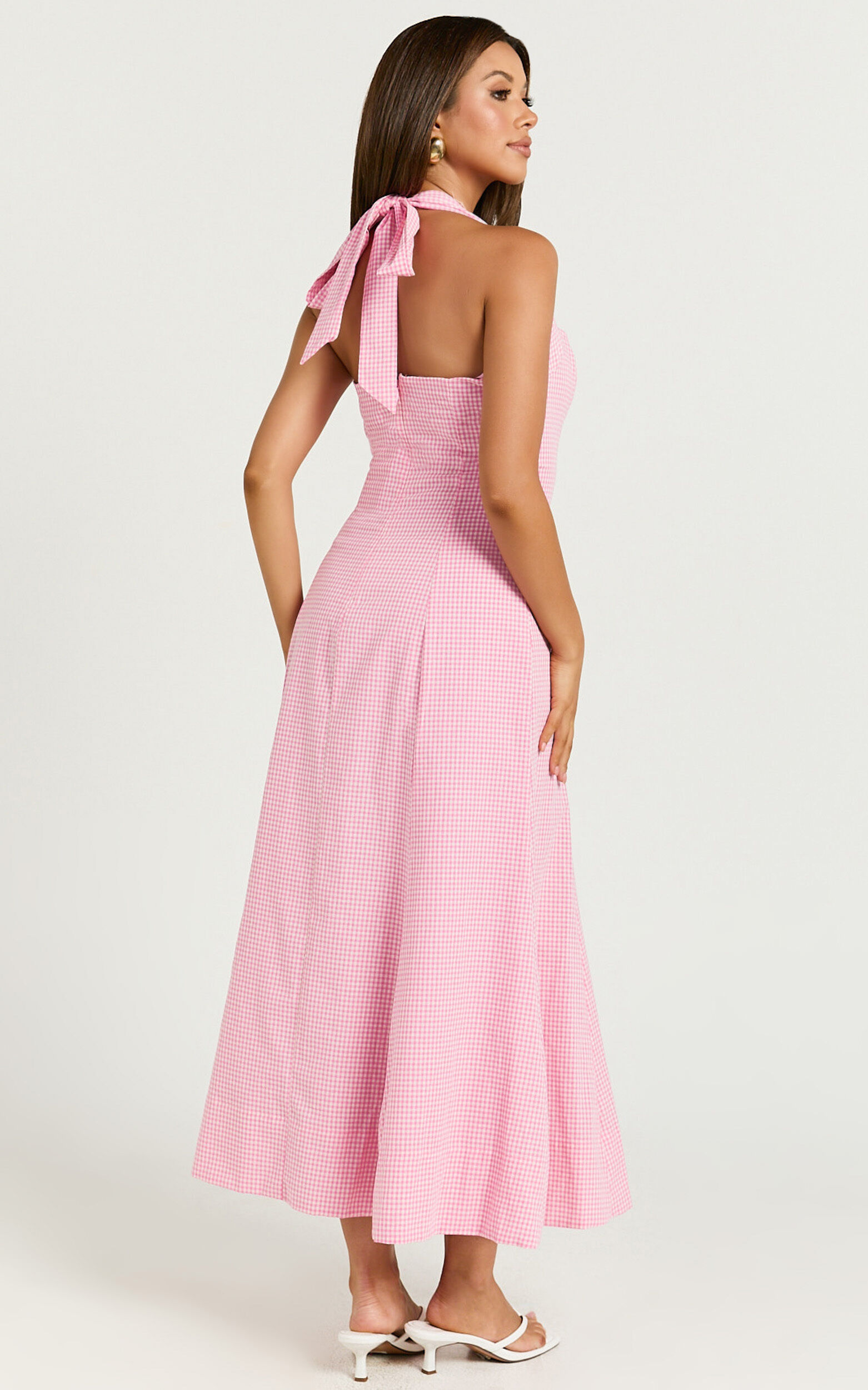 Narissa Midi Dress - Halter A Line Dress in Pink Gingham