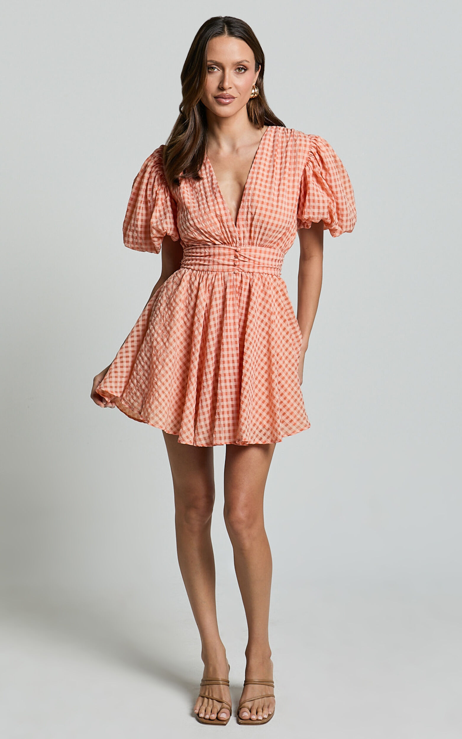 Xandy Mini Dress - Textured Puff Sleeve Plunge Dress in Peach