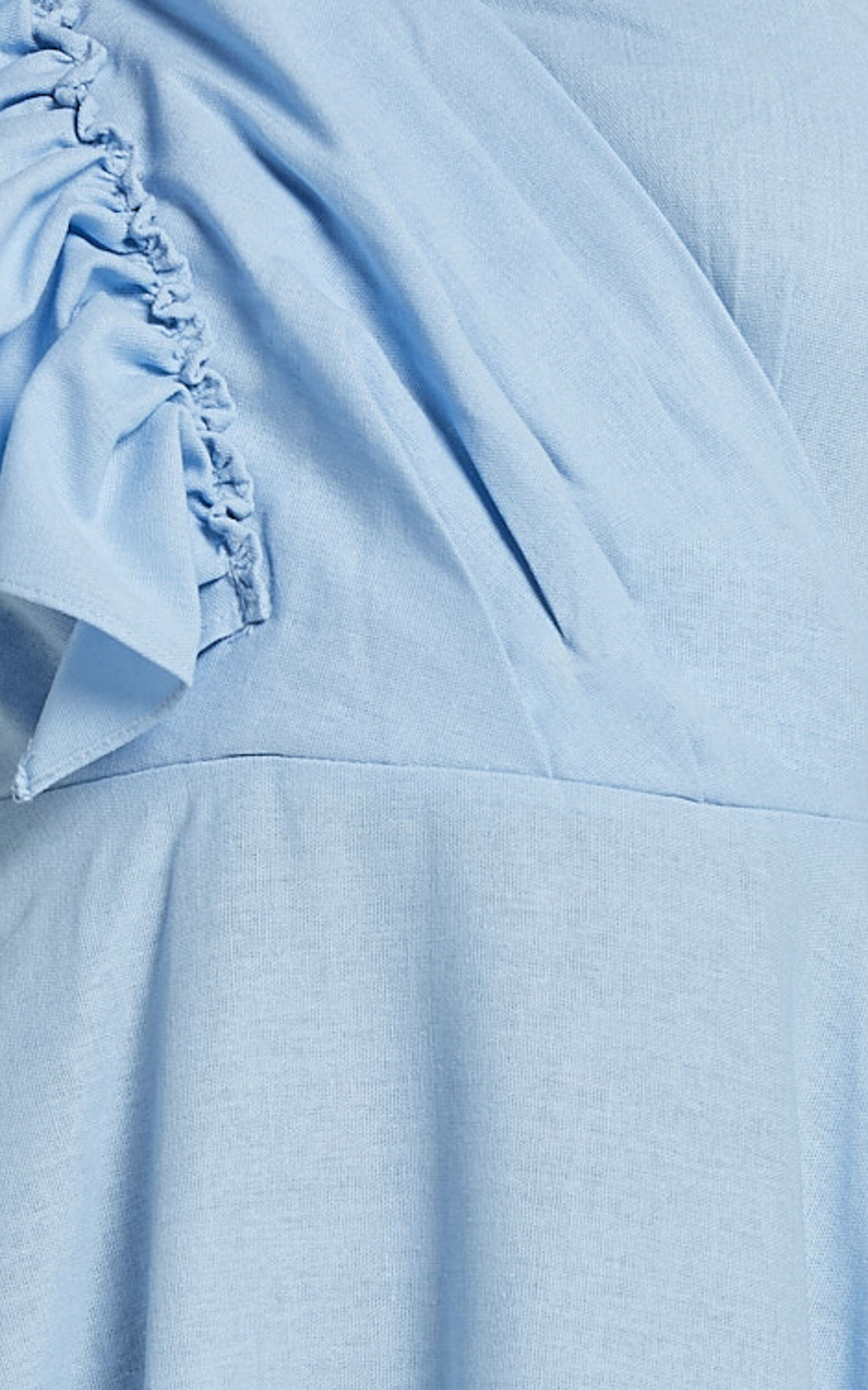 Dixie Midi Dress - Linen Look One Shoulder Ruffle Dress in Blue