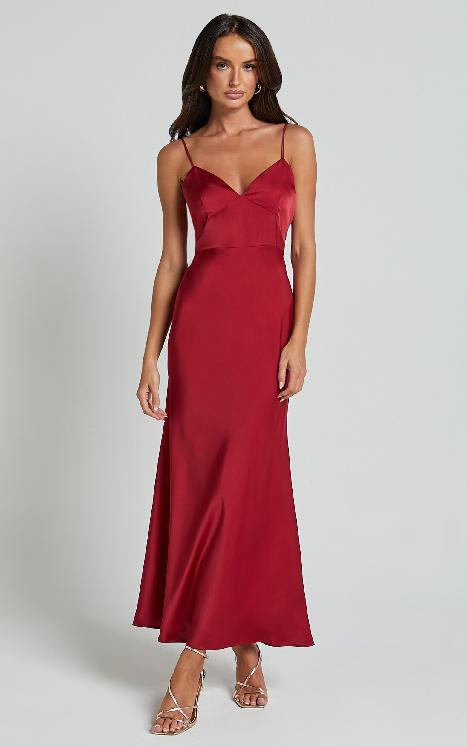 Jovana Midi Dress - Bust Panel Detail Satin Slip Dress in Wine