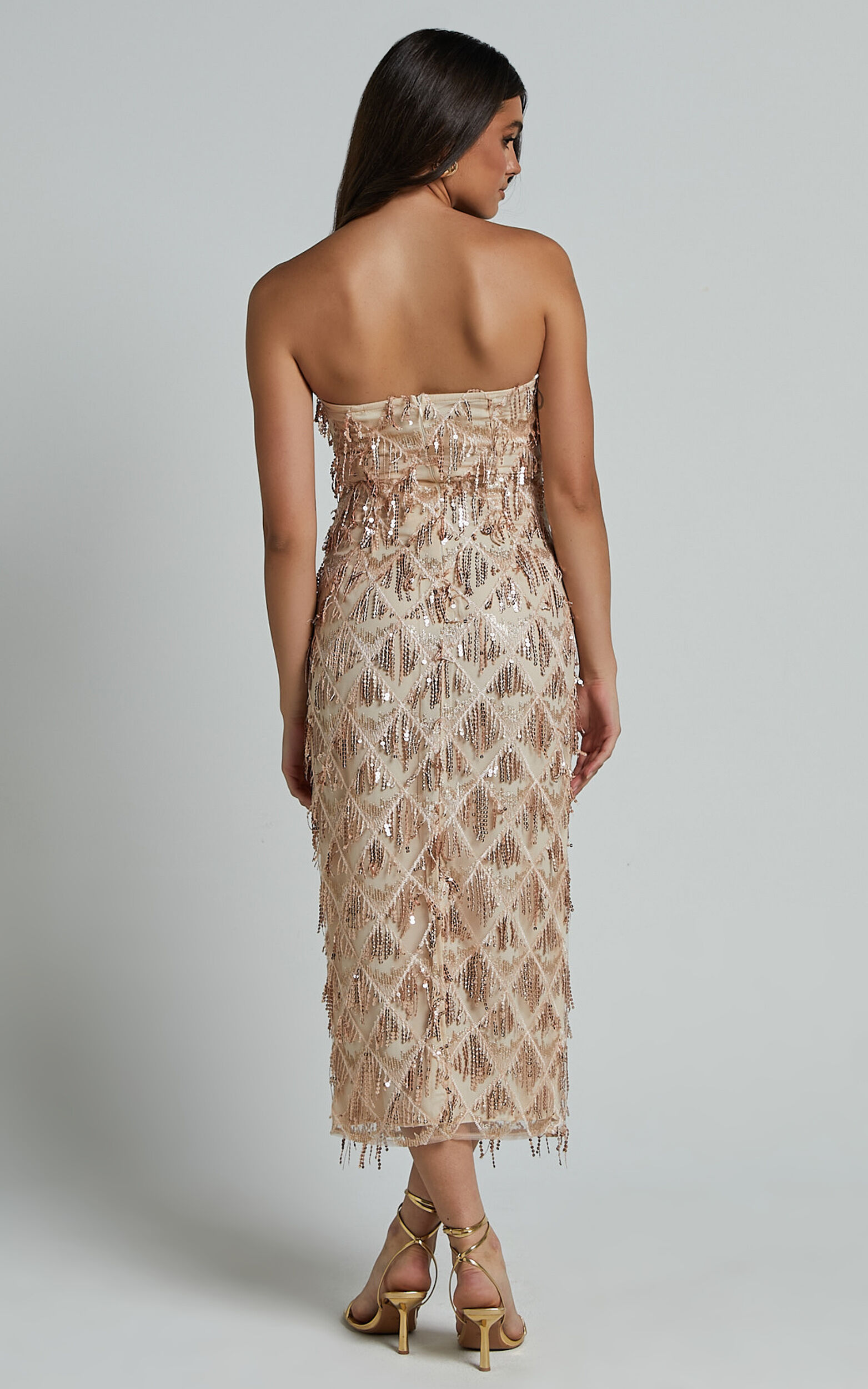 Variel Midi Dress - Strapless Fringe Sequin Dress in Champagne