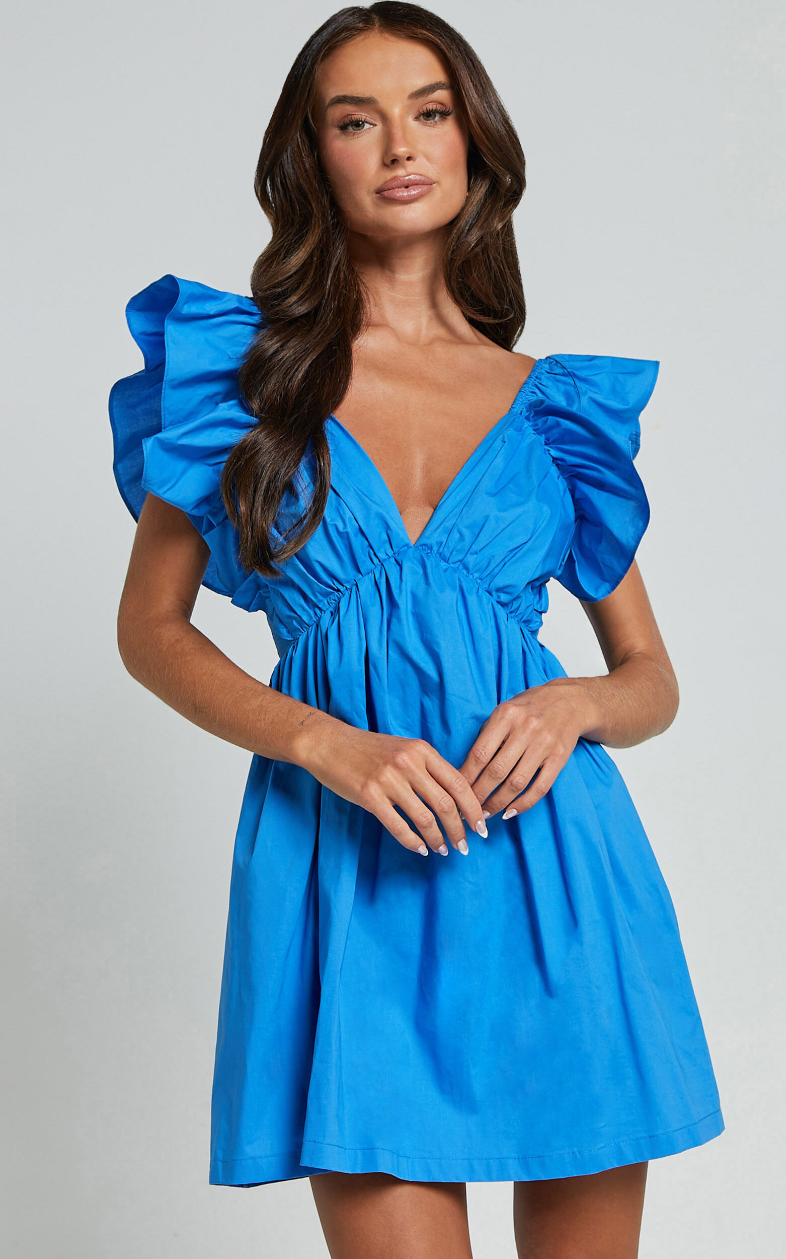Raiza Mini Dress - Ruffle Sleeve Tie Back Plunge Dress in Blue