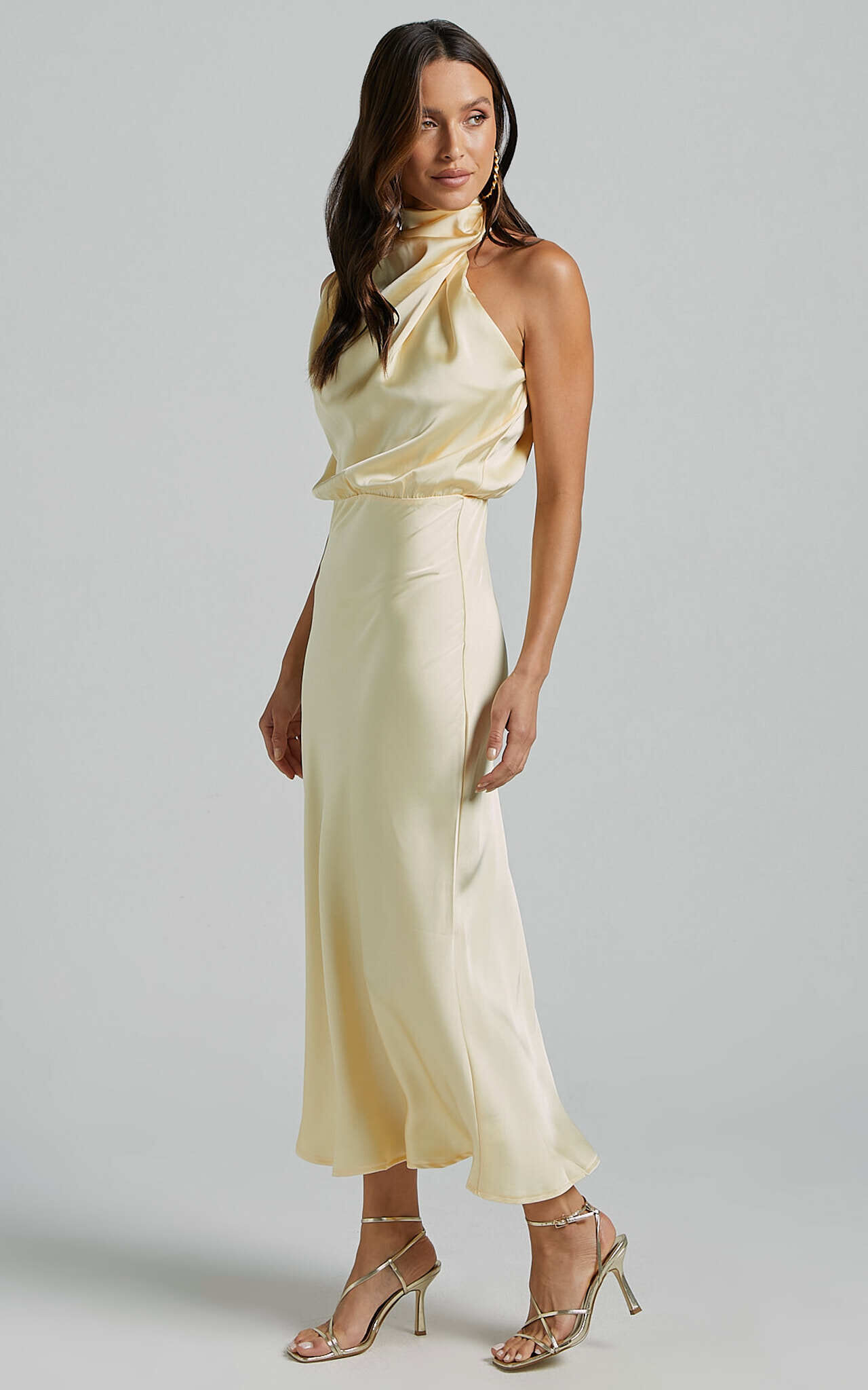 Minnie Midi Dress - Drape Neck Satin Slip Dress in Butter Yellow