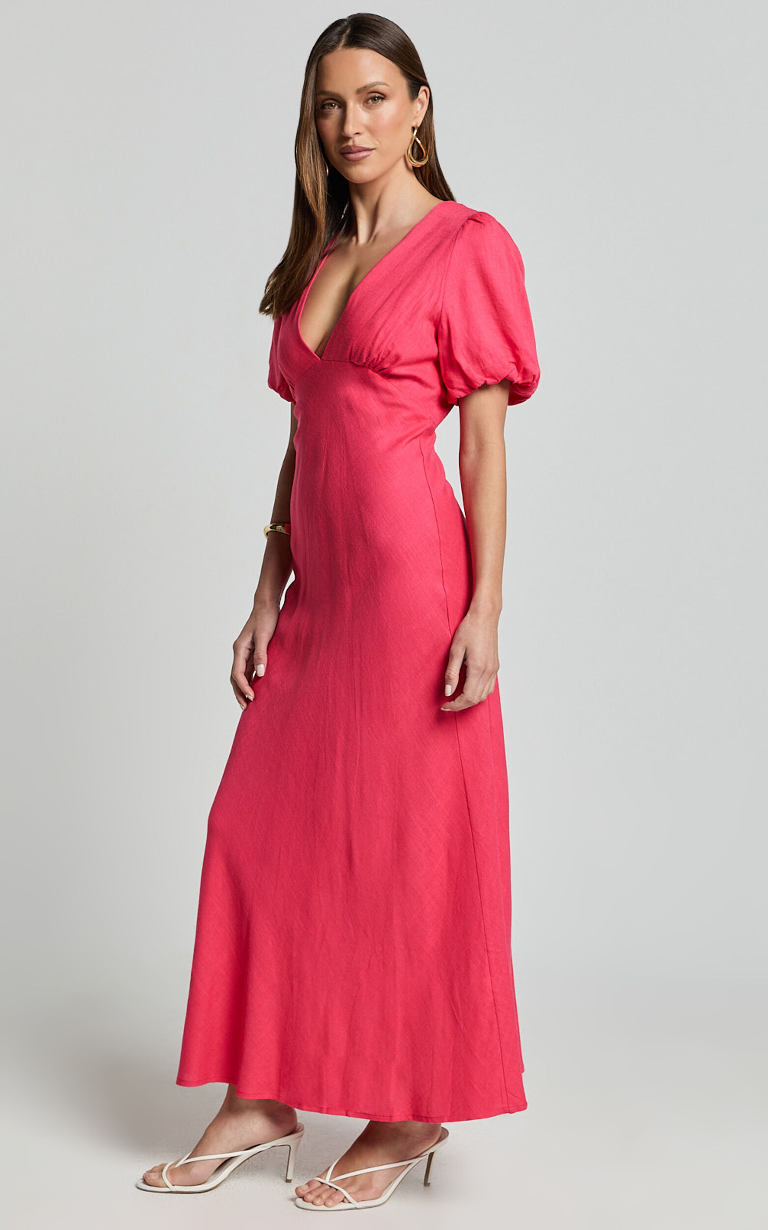 Celeste Midi Dress - Plunge Neck Short Puff Sleeve Linen Blend Dress in Berry