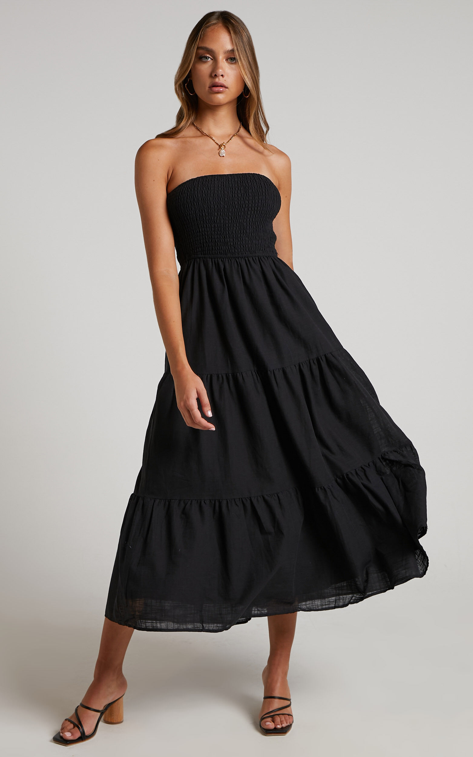 Zoe Midi Dress - Strapless Shirred Bodice Tiered Dress in Black