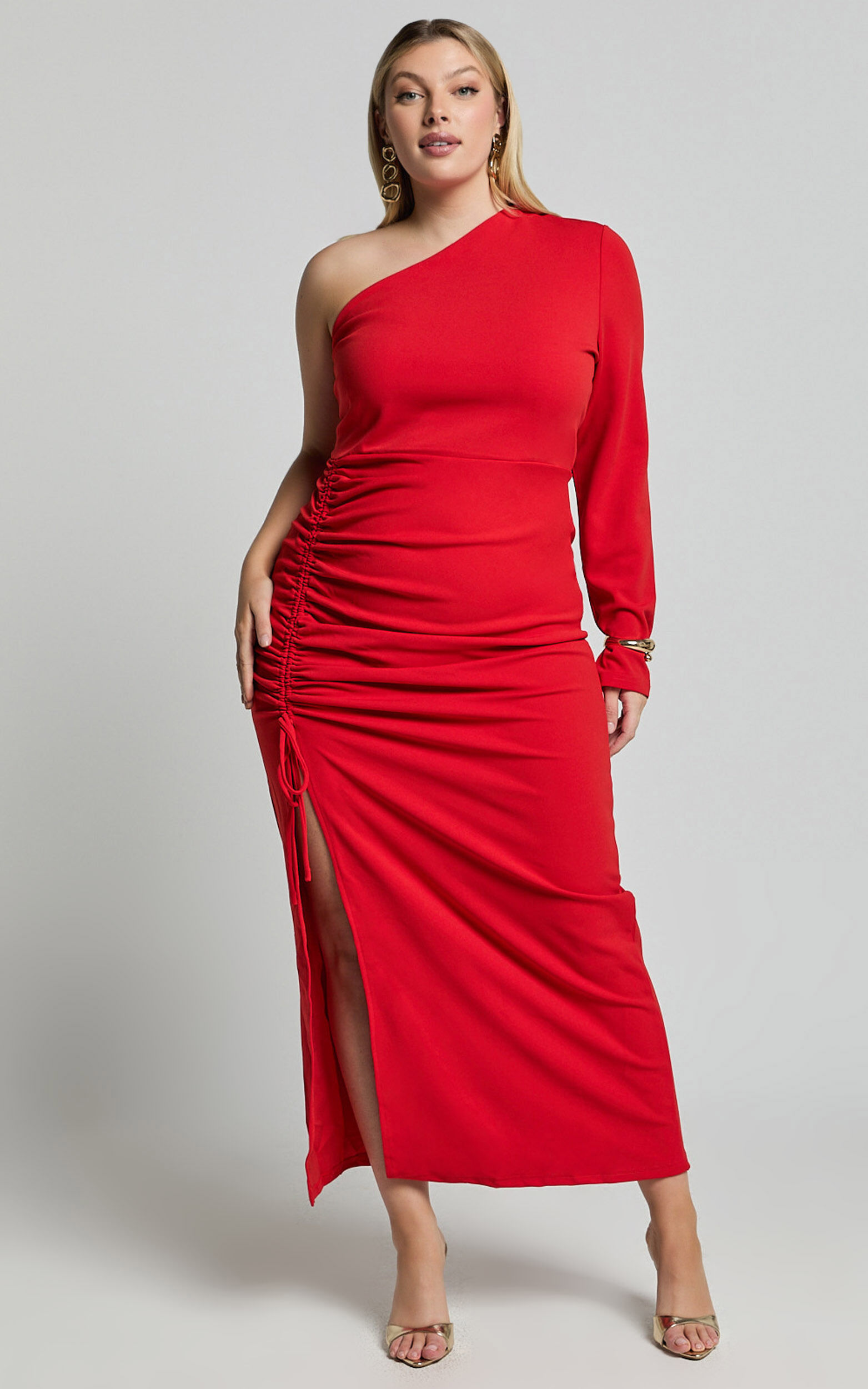 Daria Midi Dress - One Shoulder Long Sleeve Side Split Dress in Red